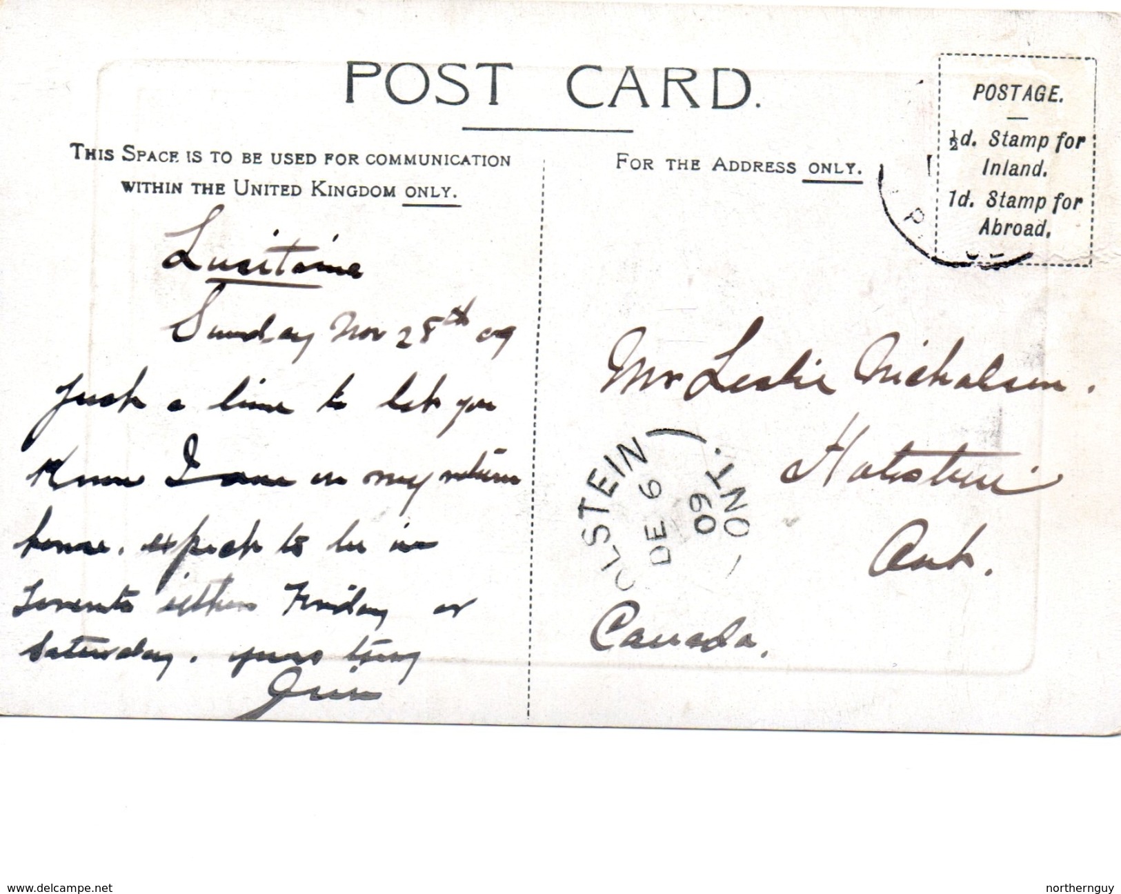 CUNARD RMS "Lusitania" And "Mauretania". 1909 Postcard, S/R Holstein Ontario - Paquebote