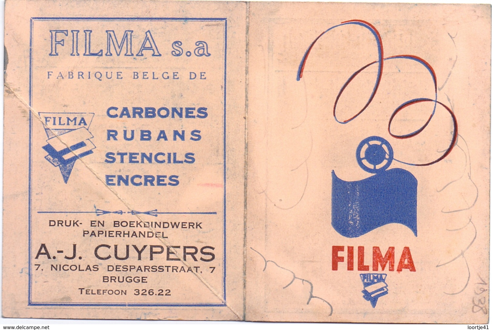 Kalender 1938 - Pub Reclame Filma - Drukwerken Papierhandel Brugge - Petit Format : 1921-40