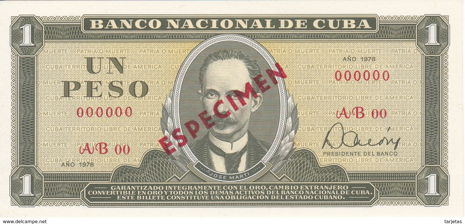 ESPECIMEN BILLETE DE CUBA DE 1 PESO DEL AÑO 1978 DE JOSE MARTI (SPECIMEN) (BANKNOTE) SIN CIRCULAR-UNCIRCULATED - Cuba