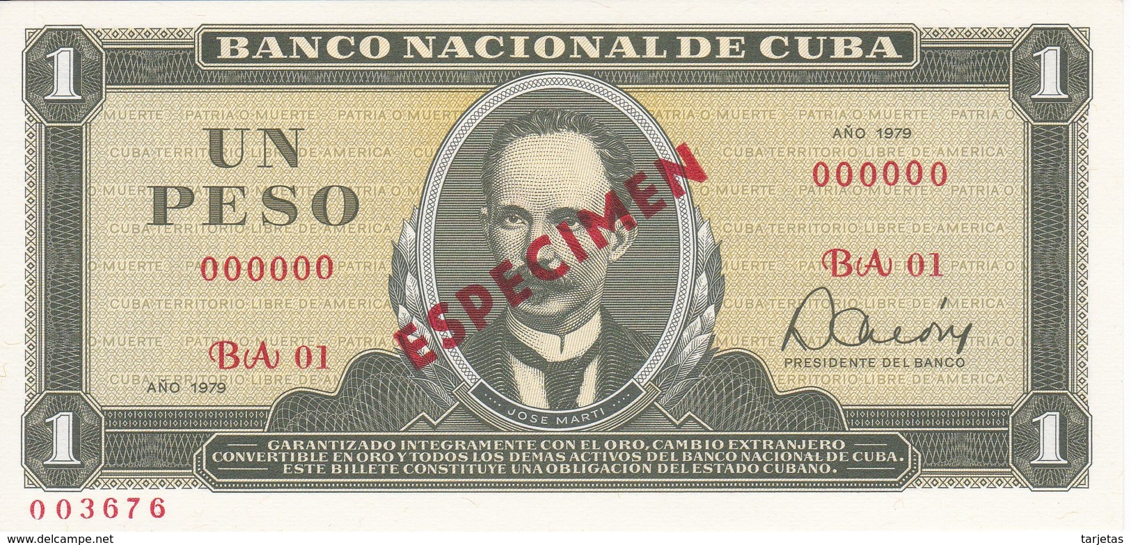 ESPECIMEN BILLETE DE CUBA DE 1 PESO DEL AÑO 1979 DE JOSE MARTI (SPECIMEN) (BANKNOTE) SIN CIRCULAR-UNCIRCULATED - Cuba