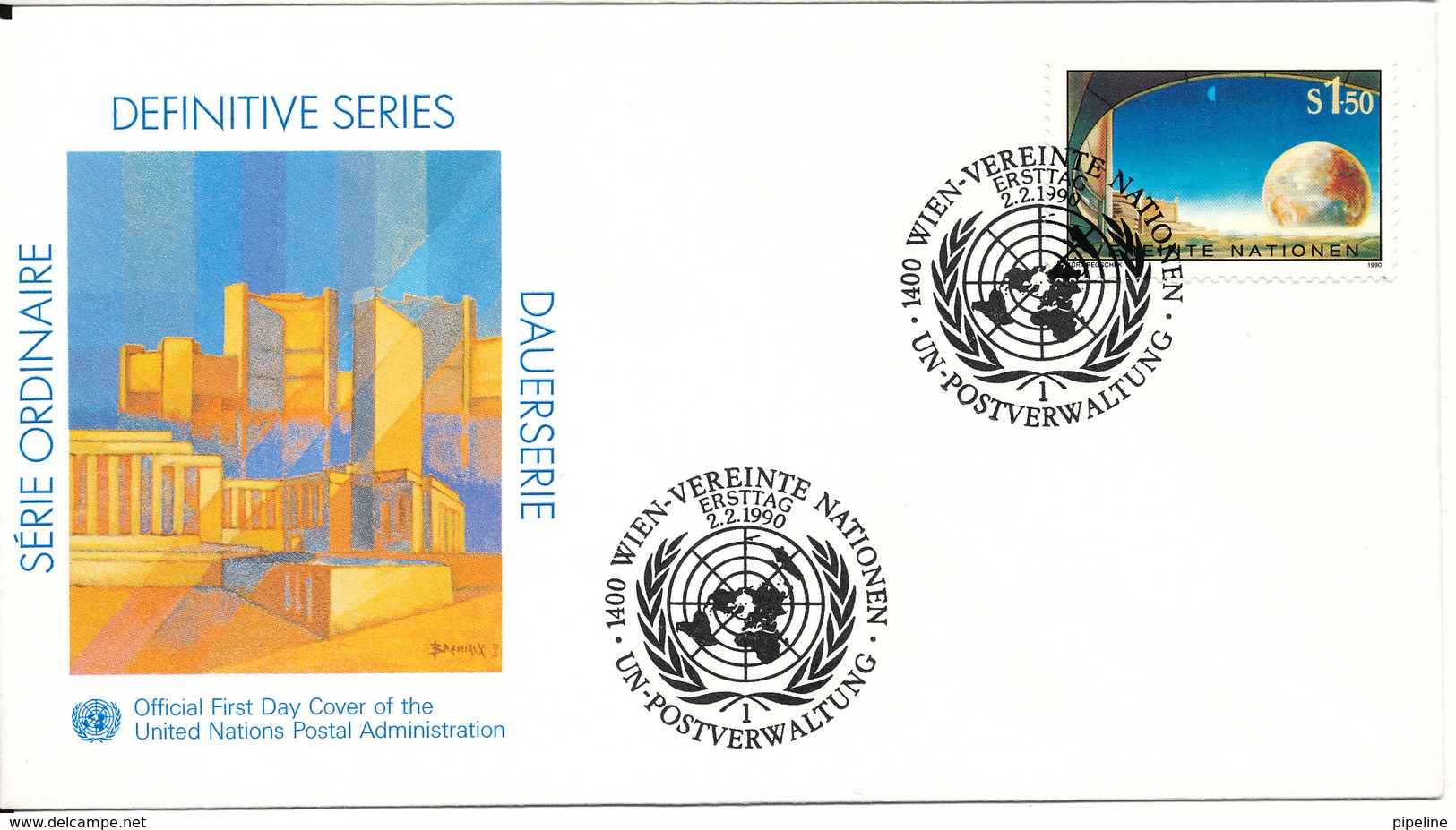 Austria UN Wien Vienna FDC 2-2-1990 Definitive Series 1,5 Sh. With Cachet - FDC