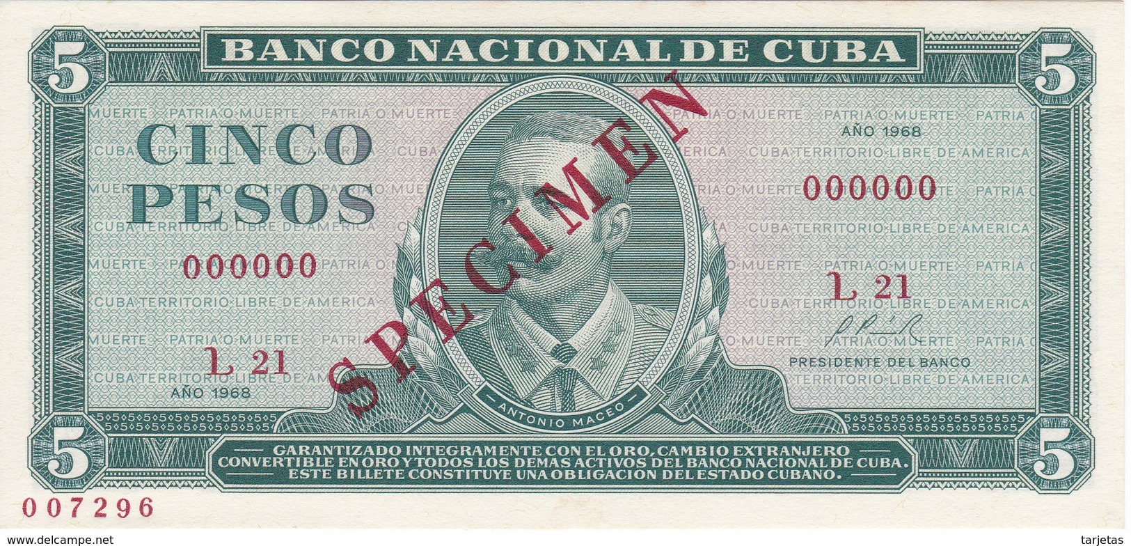 SPECIMEN BILLETE DE CUBA DE 5 PESOS DEL AÑO 1968 DE ANTONIO MACEO (ESPECIMEN) (BANKNOTE) SIN CIRCULAR-UNCIRCULATED - Cuba