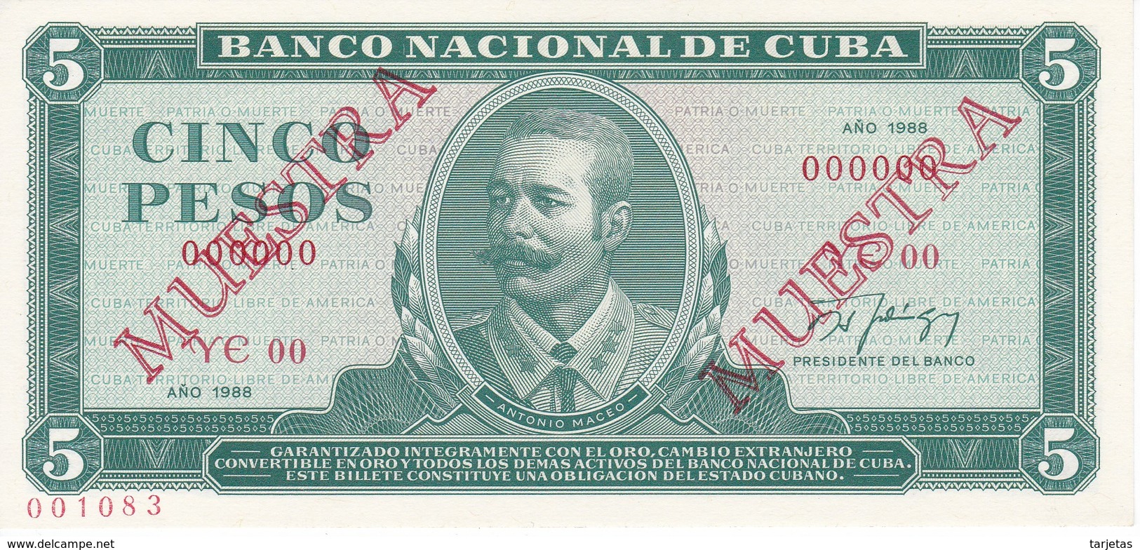 MUESTRA BILLETE DE CUBA DE 5 PESOS DEL AÑO 1988 DE ANTONIO MACEO (SPECIMEN) (BANKNOTE) SIN CIRCULAR-UNCIRCULATED - Cuba
