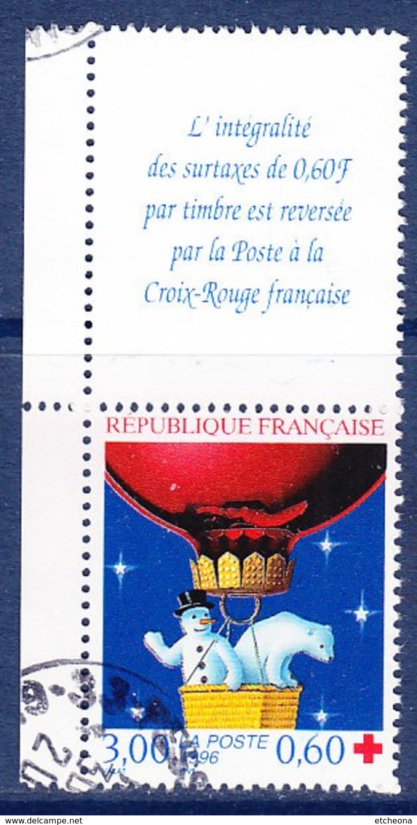 = Croix Rouge 1996 Timbre N° 3039a Oblitéré Avec Vignette Ours Bonhomme De Neige En Ballon - Rode Kruis