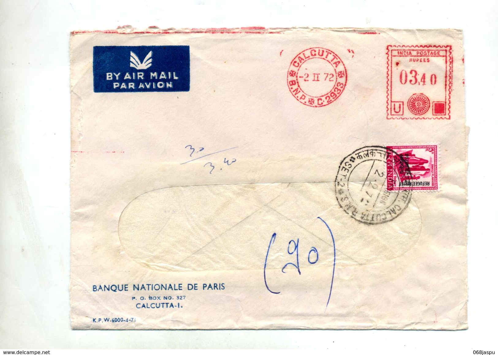 Lettre Machine + Timbre Calcutta  Entete Banque Paris - Covers & Documents