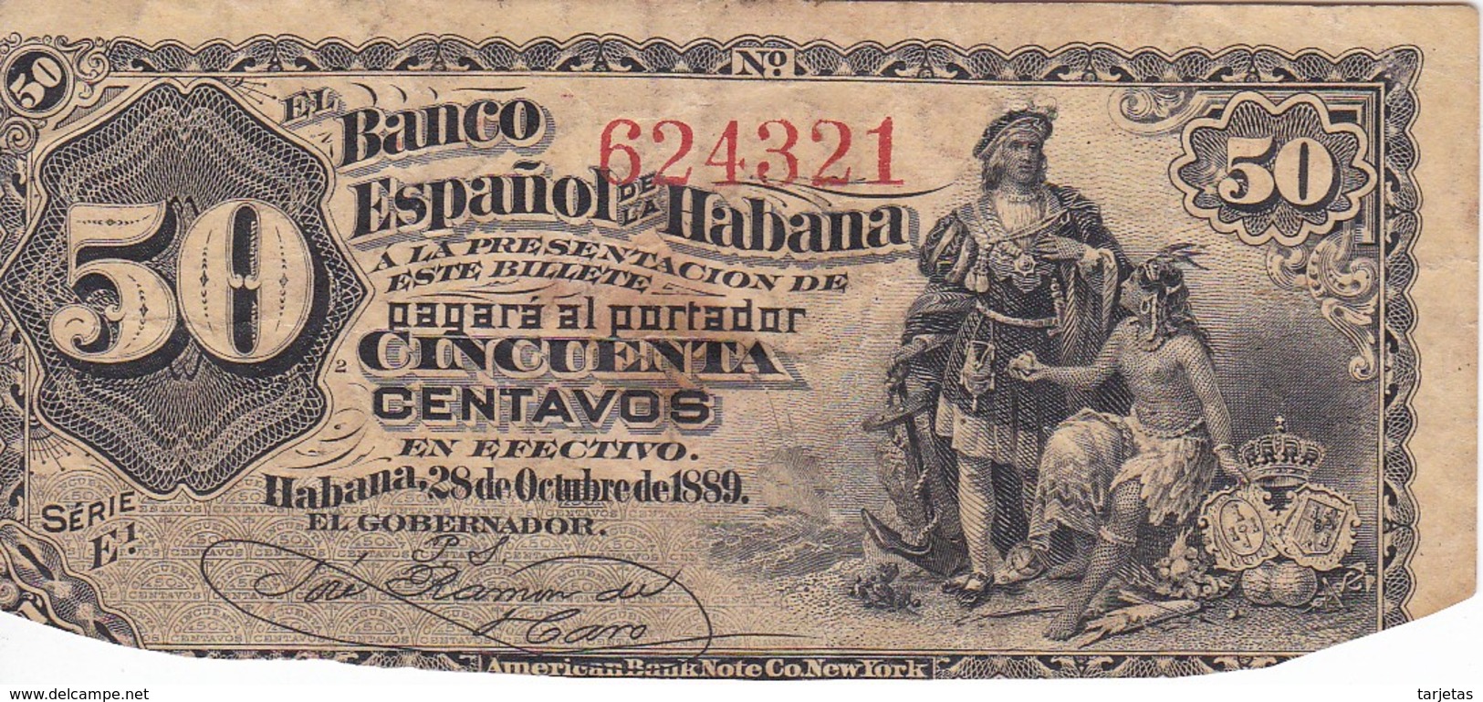 BILLETE DE CUBA DE 50 CENTAVOS DEL AÑO 1889 DEL BANCO ESPAÑOL DE LA HABANA (BANKNOTE) MUY RARO - Cuba