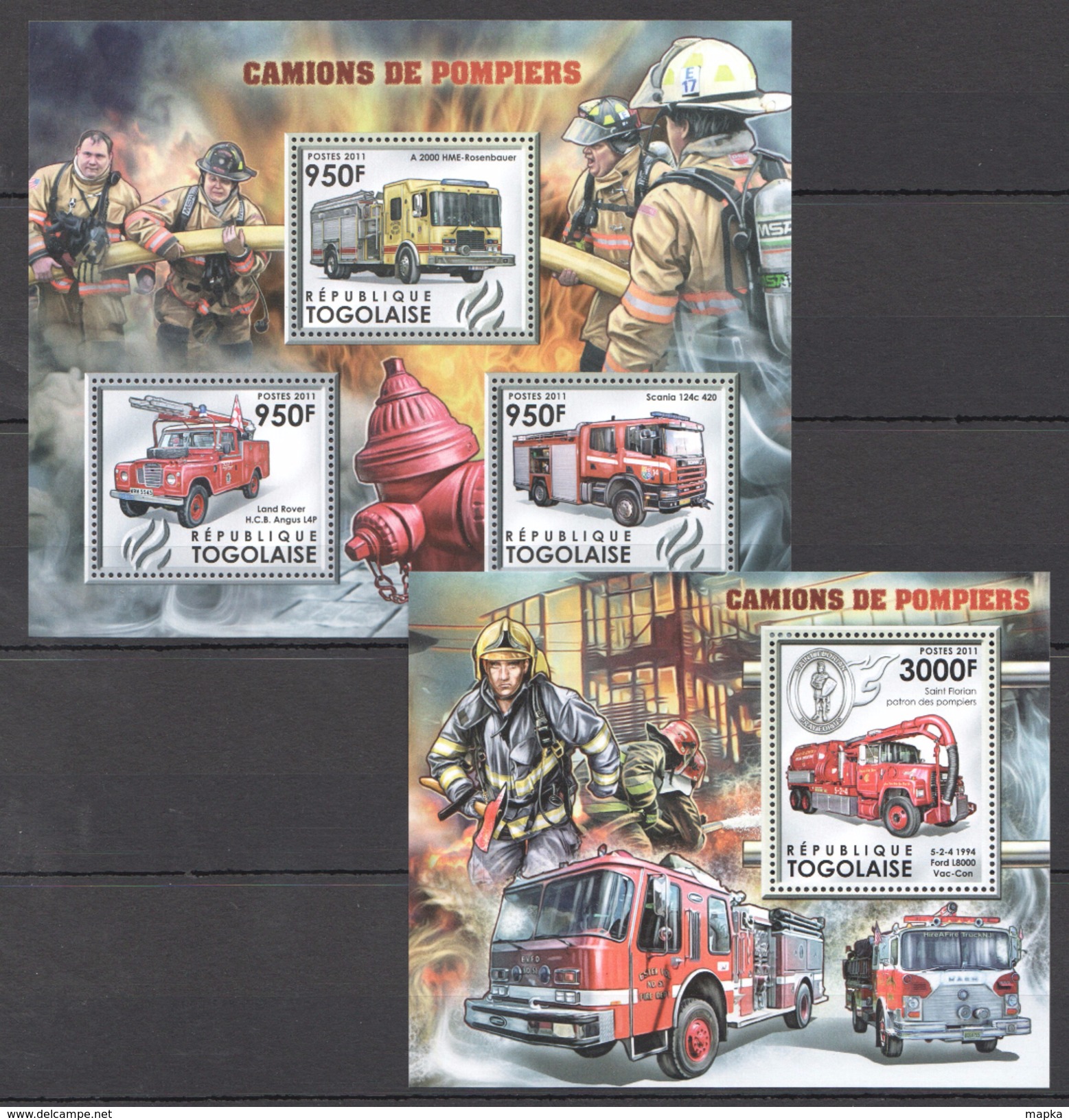 B66 2011 REPUBLIQUE TOGOLAISE FIRE TRUCKS CAMIONS DE POMPIERS 1KB+1BL MNH - Autos