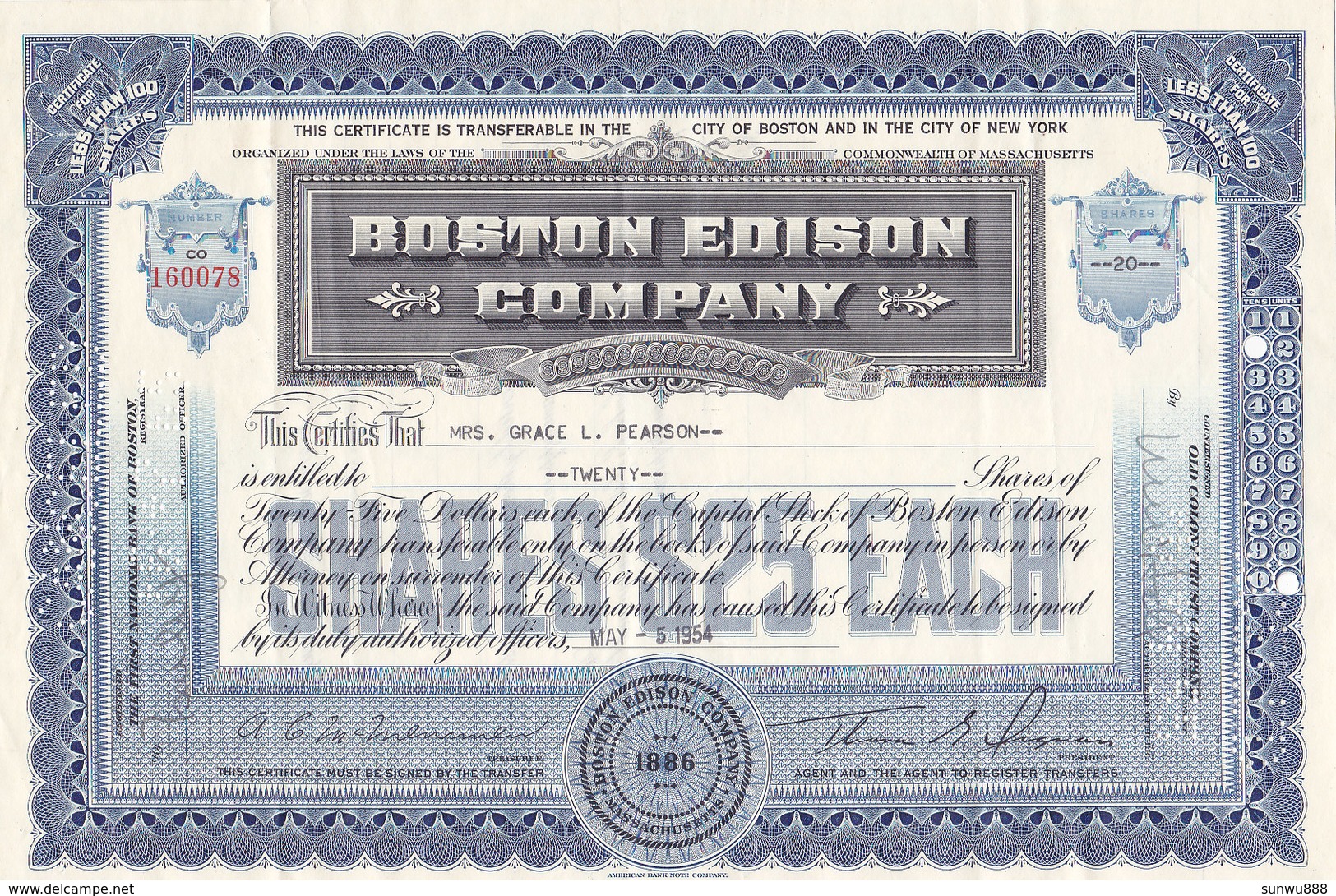 Boston Edison Company - 20 Shares 1886 - Industrie