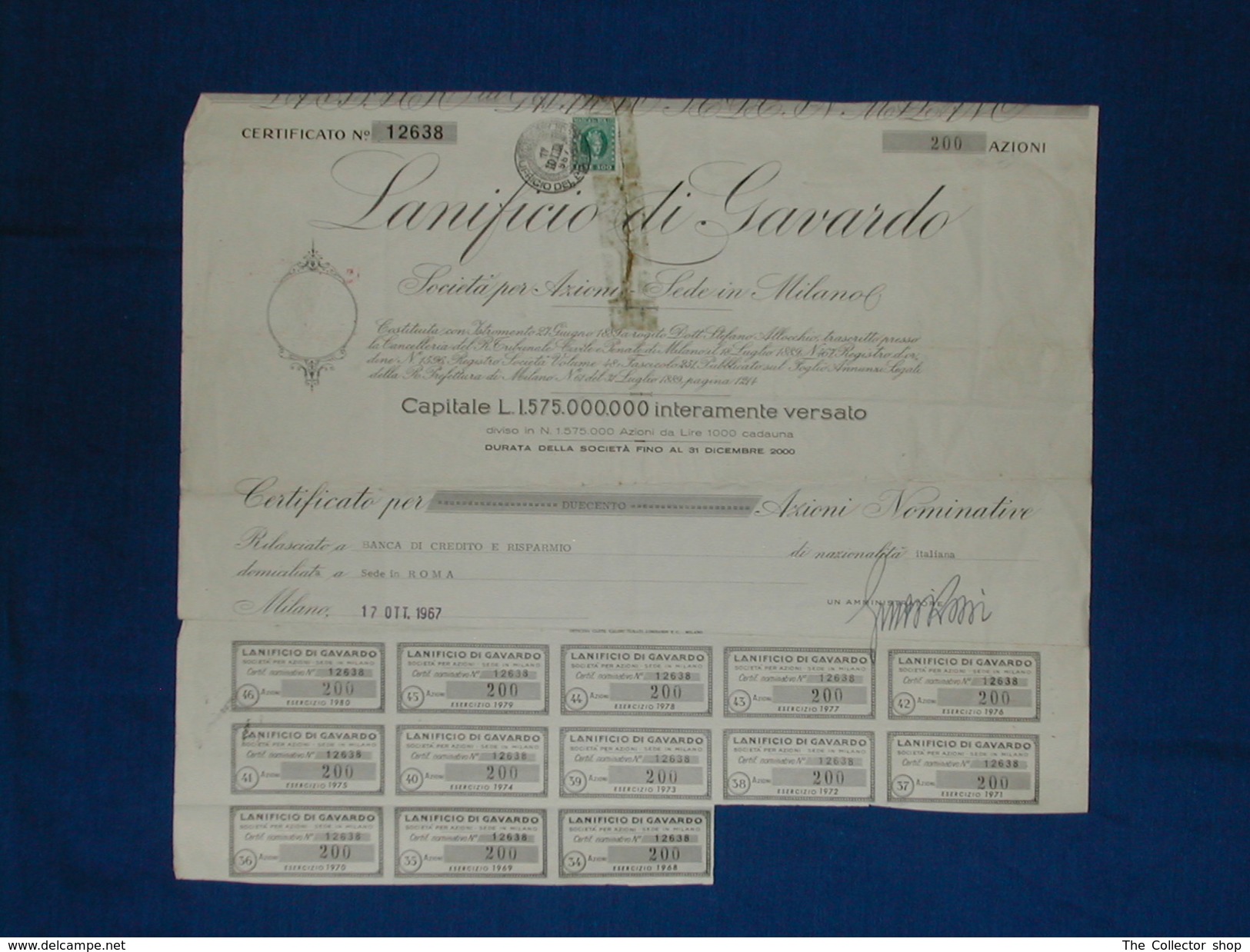 Certificato 200 Azioni "Lanificio Di Gavardo" 1967 - Textile