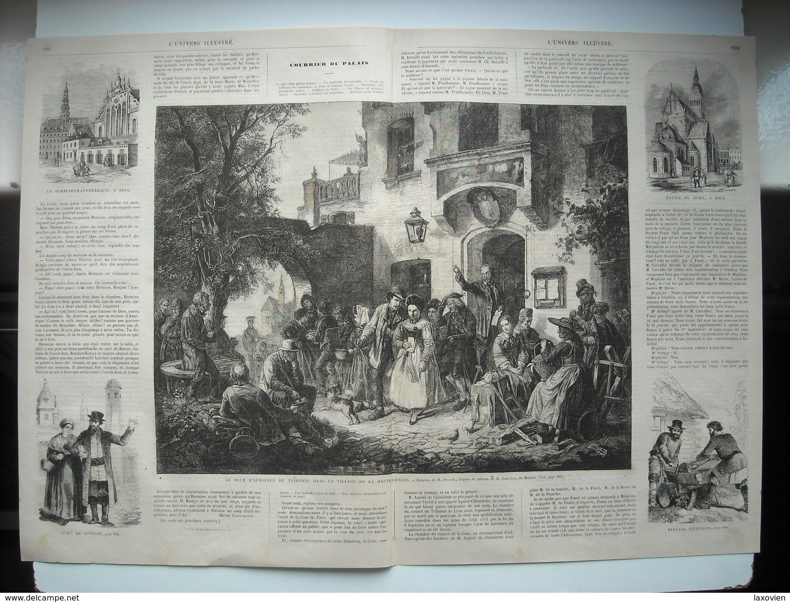 GRAVURE 1865. JOUR D&rsquo;AUDIENCE TRIBUNAL VILLAGE HAUTE-BAVIERE. JUIFS DE LIVONIE. RIGA, EGLISE DOME. PAYSANS LIVONIE - Prints & Engravings