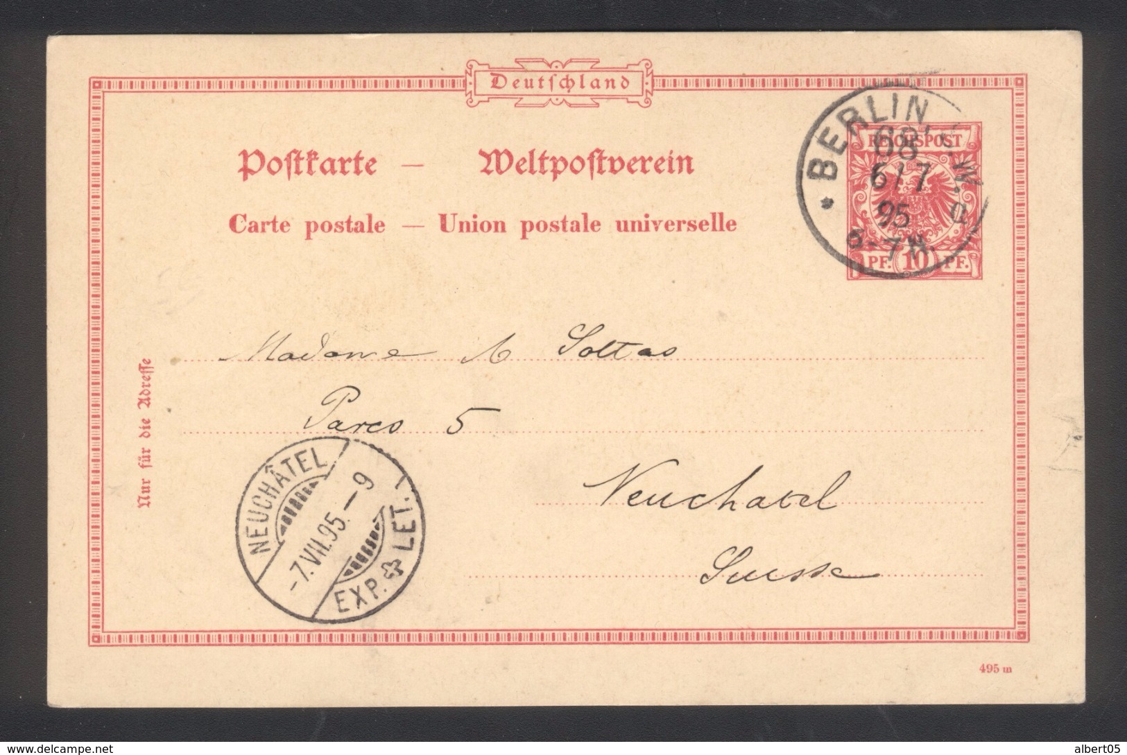 Entier Postal De Berlin Pour Neuchatel (Suisse)  6 JUIL 1895 - Sonstige & Ohne Zuordnung