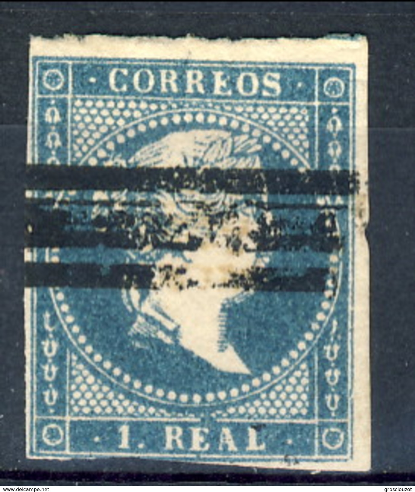 Spagna 1856 N. 40 R. 1 Azzurro Verde Su Carta Bianca, Nuovo Profilo A Destra (barrato) Fil. 2 MH - Altri & Non Classificati