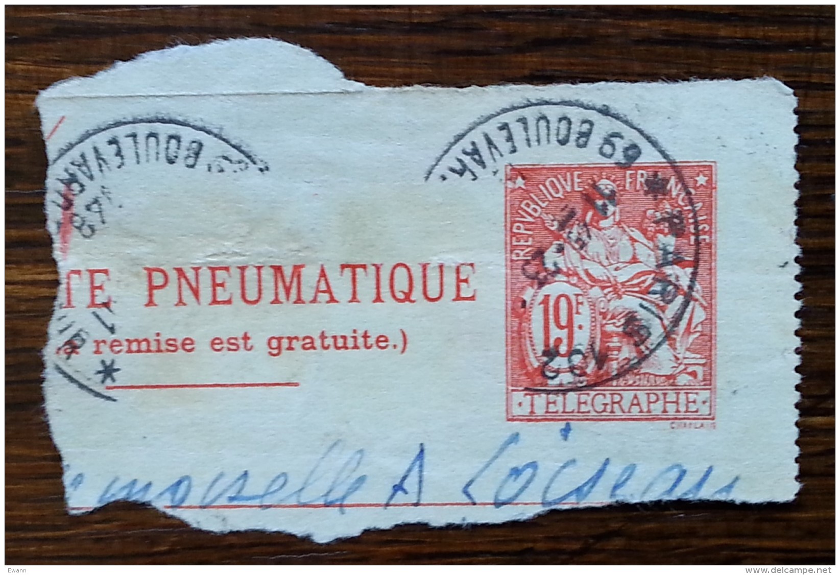 ENTIER POSTAL - Sur Morceau De PNEUMATIQUE / TELEGRAPHE - 19f Rouge - Pneumatische Post