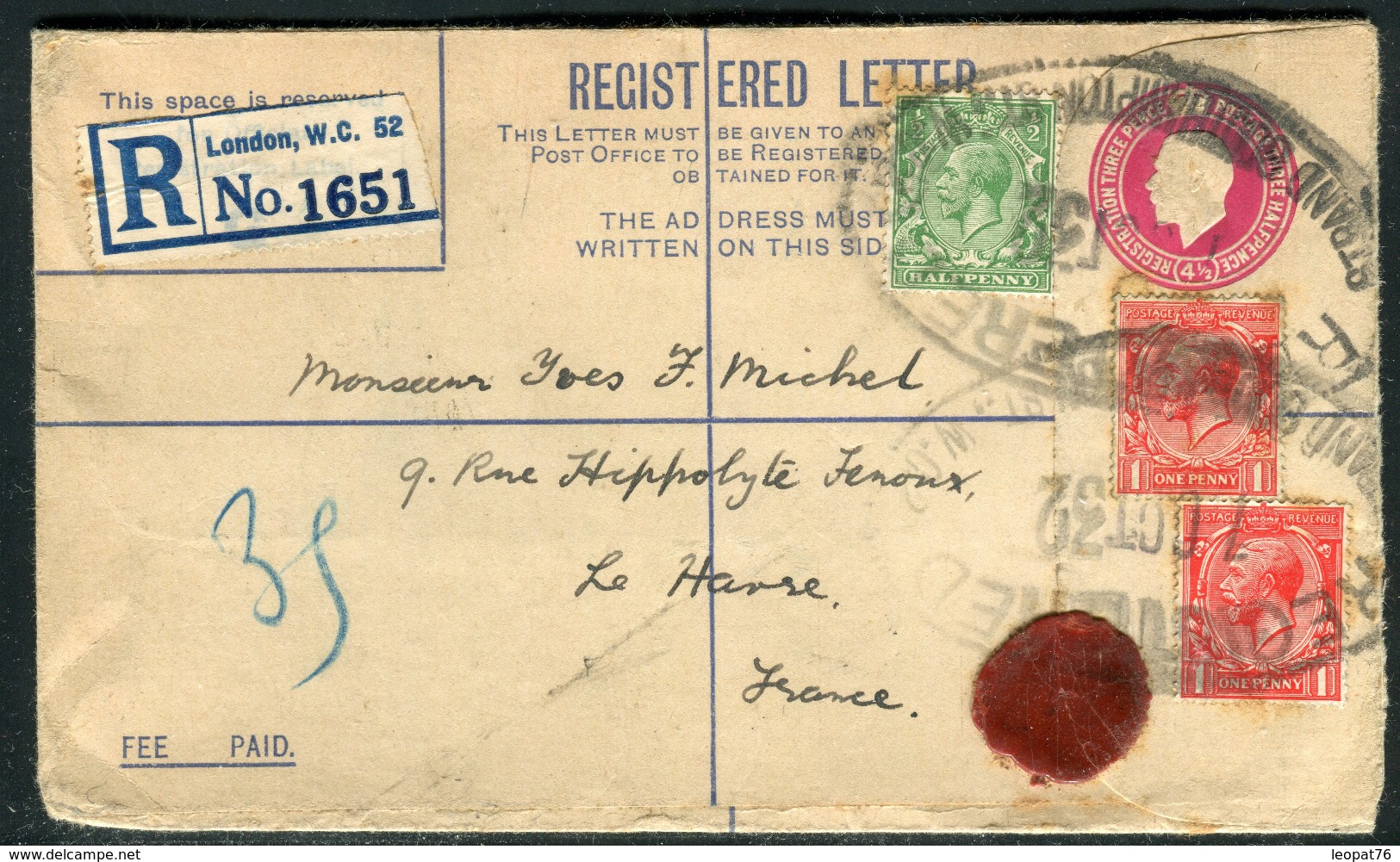 Grande Bretagne - Entier Postal En Recommandé De Londres Pour Le Havre En 1932  Ref F340 - Postwaardestukken