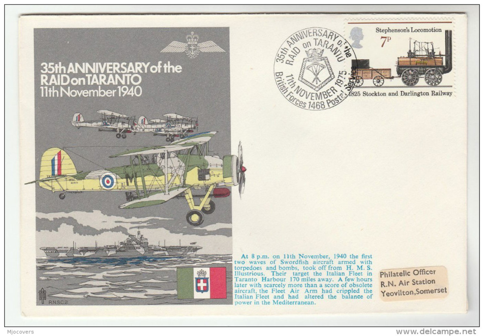 1975 Special COVER 35th ANNIV FAIREY SWORDFISH Attack ITALIAN FLEET At TARANTO Wwii Ship Navy Aviaion Gb Stamps Italy - Flugzeuge