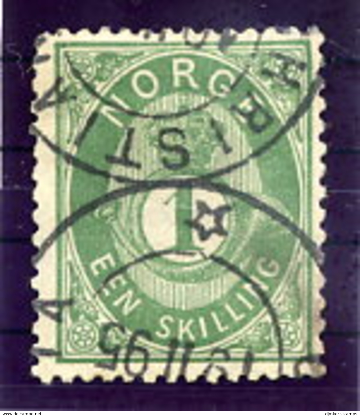NORWAY 1875 Posthorn 1 Sk. Green Used. Michel 16c - Used Stamps