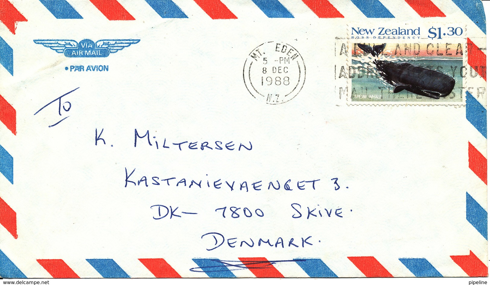New Zealand Air Mail Cover Sent To Denmark Mt. Eden 8-12-1988 Single Franked - Luftpost
