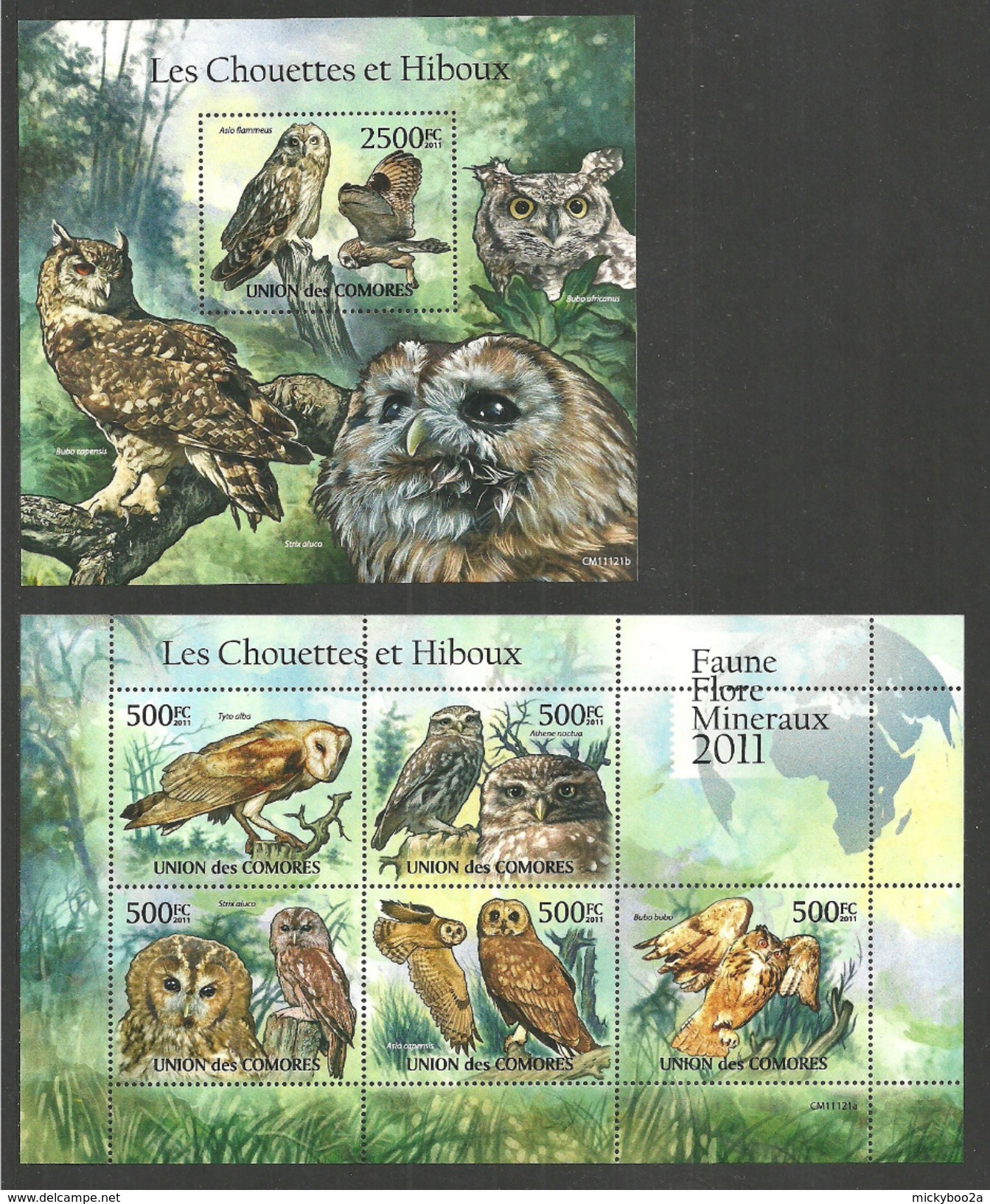 COMOROS 2011 BIRDS OWLS SET OF 2 M/SHEETS MNH - Isole Comore (1975-...)