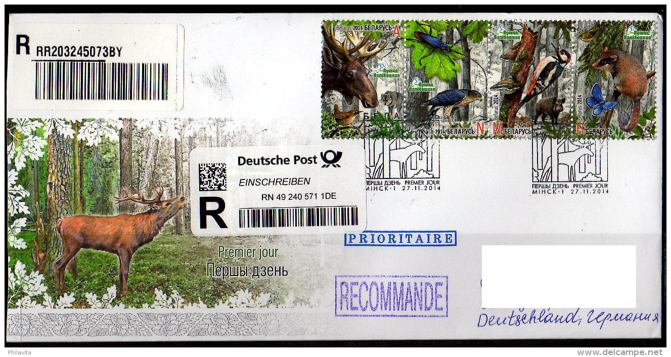 2014 Belarus / Weissrussland - Naliboki Puscha - Elg, Birds, Beatles, Etc-runned R Cover With FDC With  Strip -see Scan - Bäume