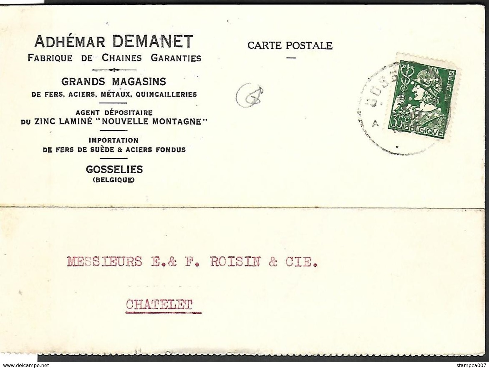 1936 Perfin Perfo " A.D " ==>> Adhémar Demanet Fabrique De Chaines Garanties Métaux Gosselies - 1934-51