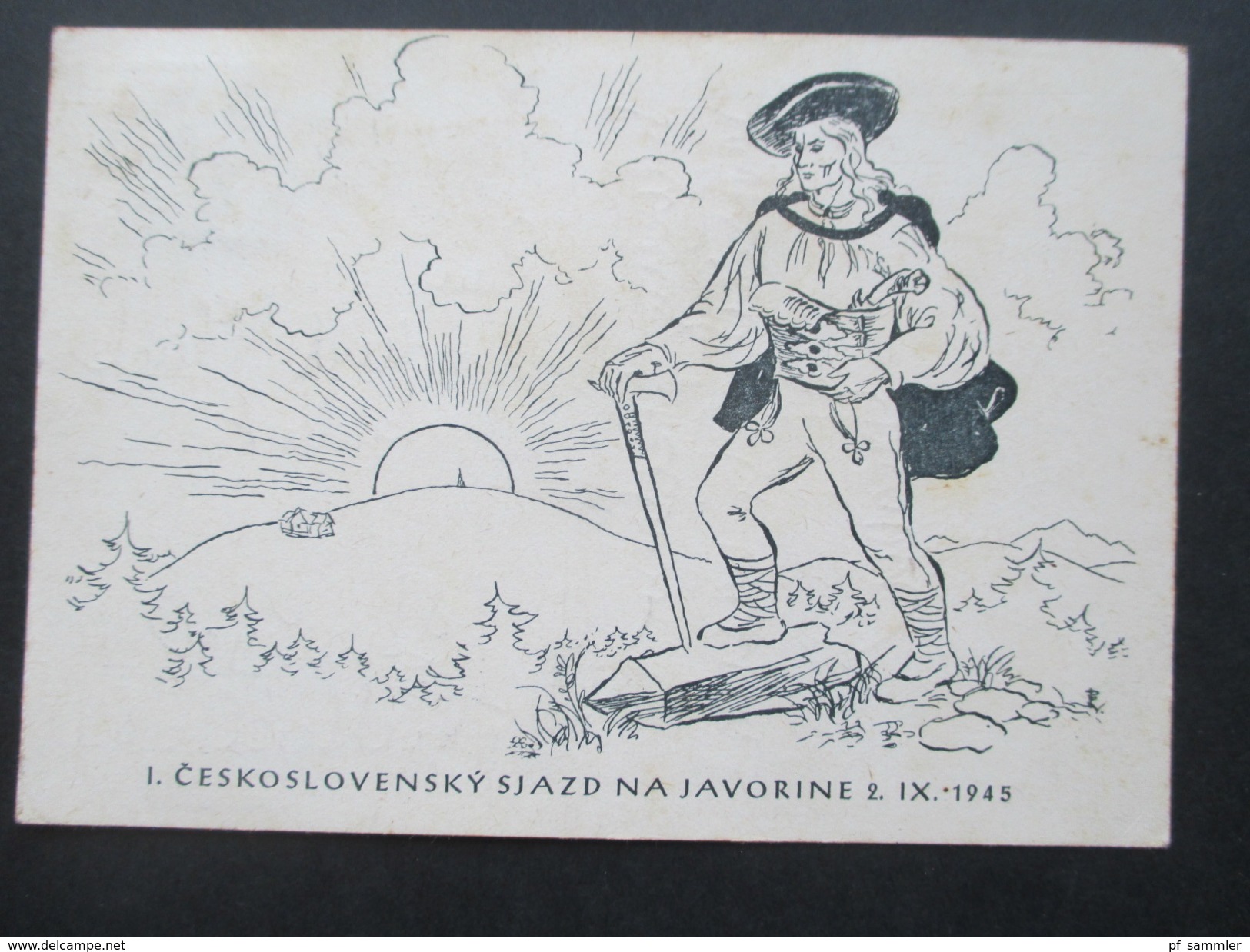 AK Tschechien 2.9.1945 Uhersky. Künstlerkarte I. Ceskoslovensky Sjazd Najavorine 2. IX. 1945. Wanderer / Bergsteiger - Klimmen