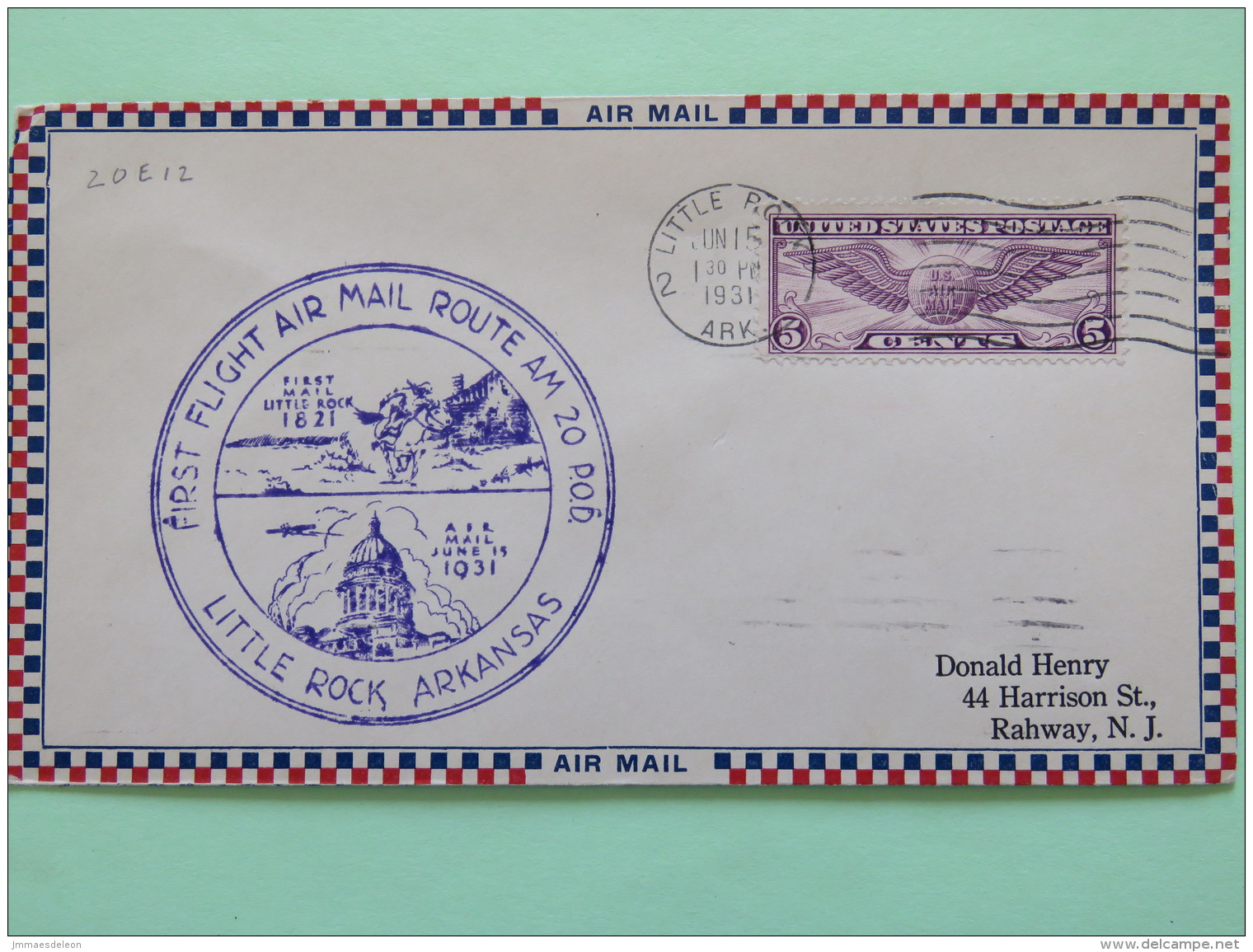 USA 1931 First Flight Cover Little Rock To Rahway - Wings - Horse Postal Service - Covers & Documents