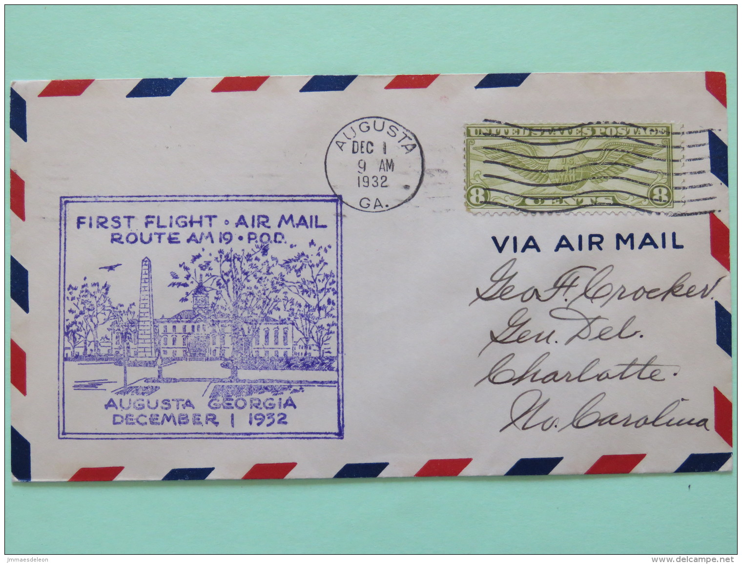 USA 1932 First Flight Cover Augusta To Charlotte - Wings - Covers & Documents