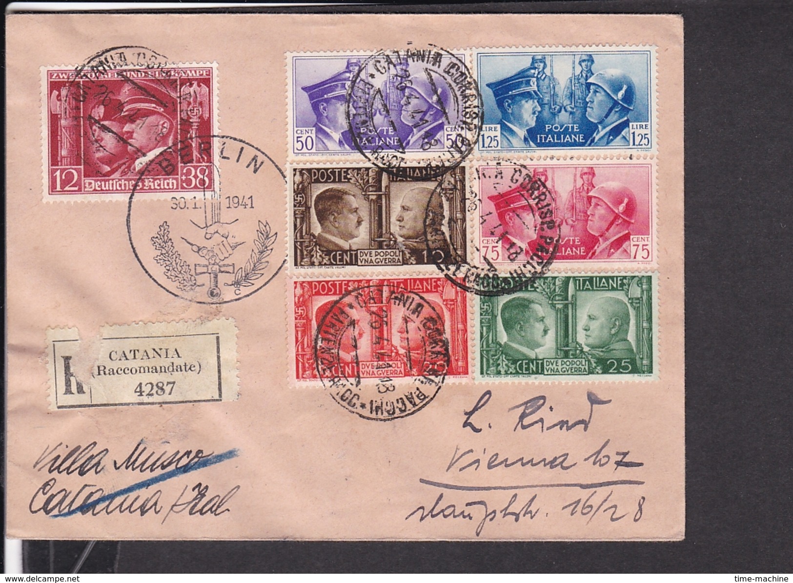 Einschreibbrief Italien Catania Nach Wien 1941 , Briefmarken Hitler Und Musolini - Lettres & Documents