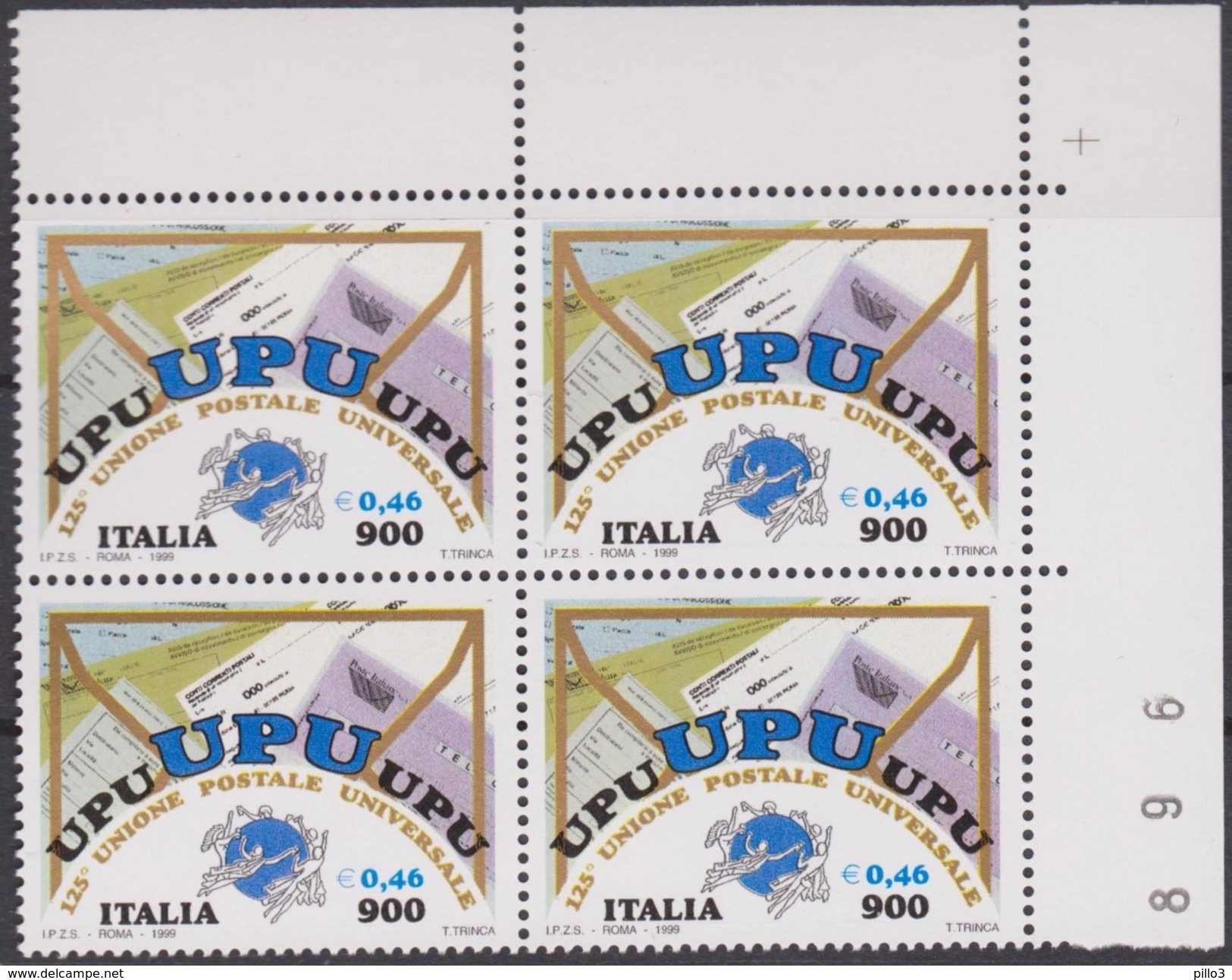 ITALIA :  QUARTINA - 125° Anniversario Dell'UPU  - 1 Val.  £.  900 / 0,46  &euro;. MNH** Del  18.10.1999 - 1991-00: Ungebraucht