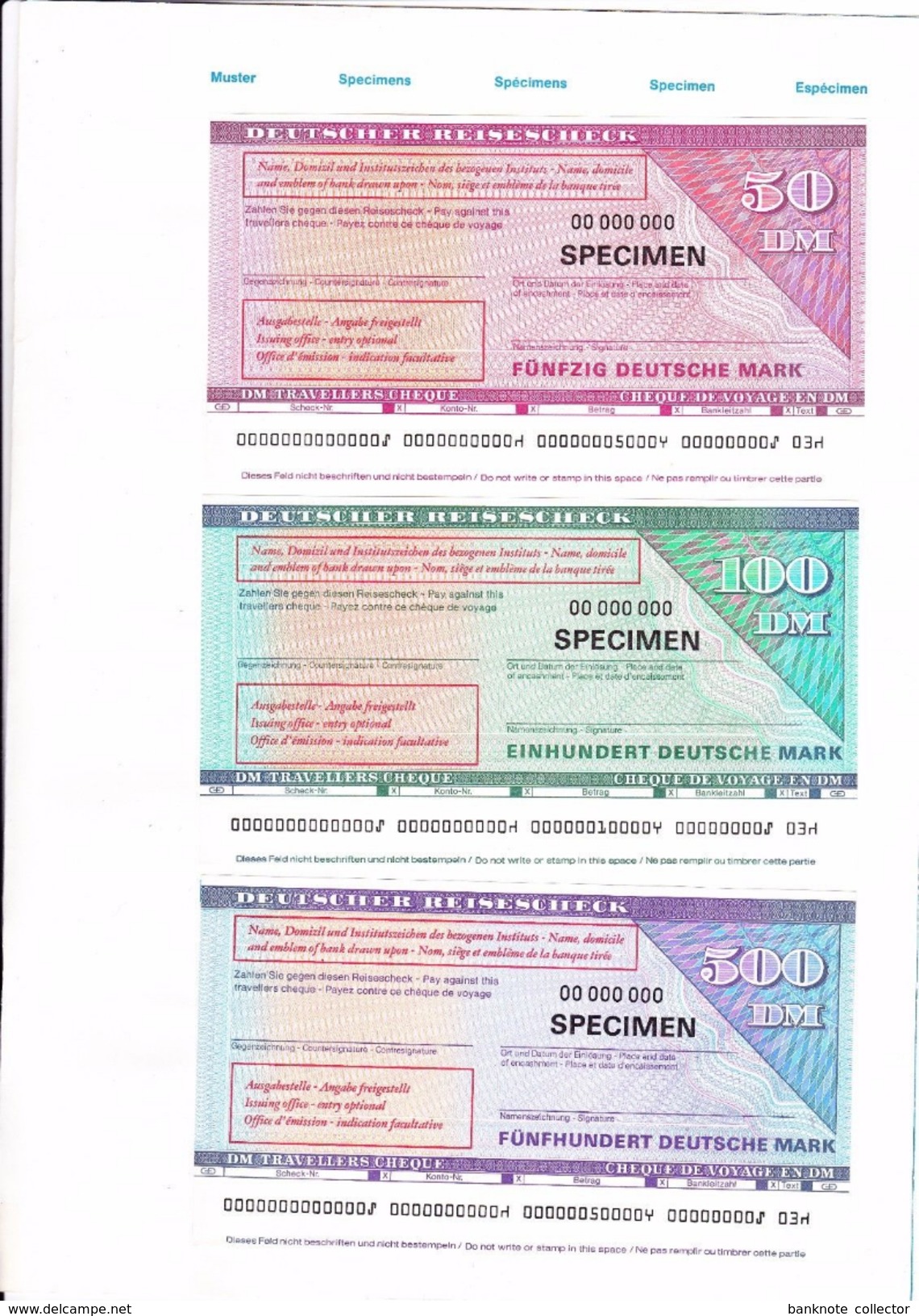 50 - 500 Deutsche Mark, Oktober 1975, Deutscher Reisecheck, SPECIMEN, UNC ! - 500 Deutsche Mark