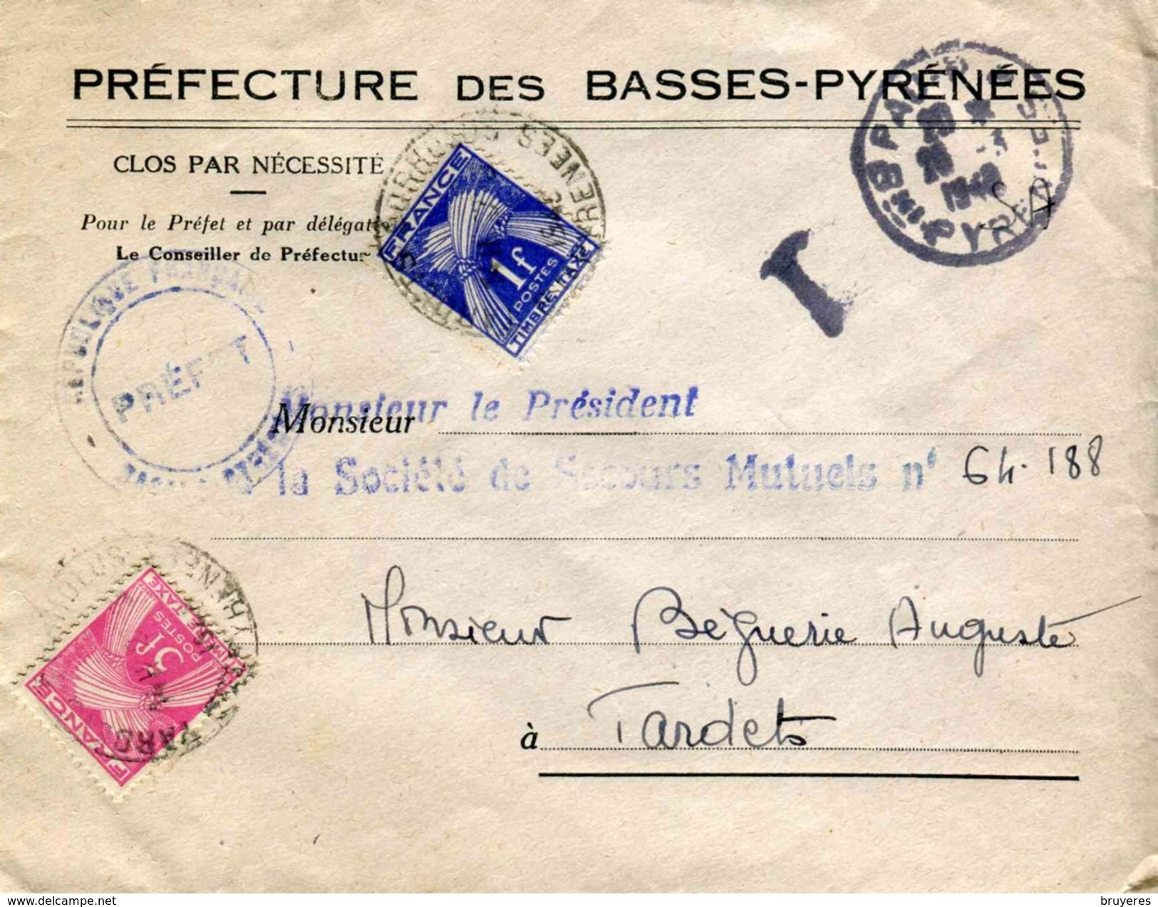 Env. De 1946 "Préfecture Des Basses-Pyrénées" Avec Timbres Taxes "Tx 81 & 85" - Covers & Documents