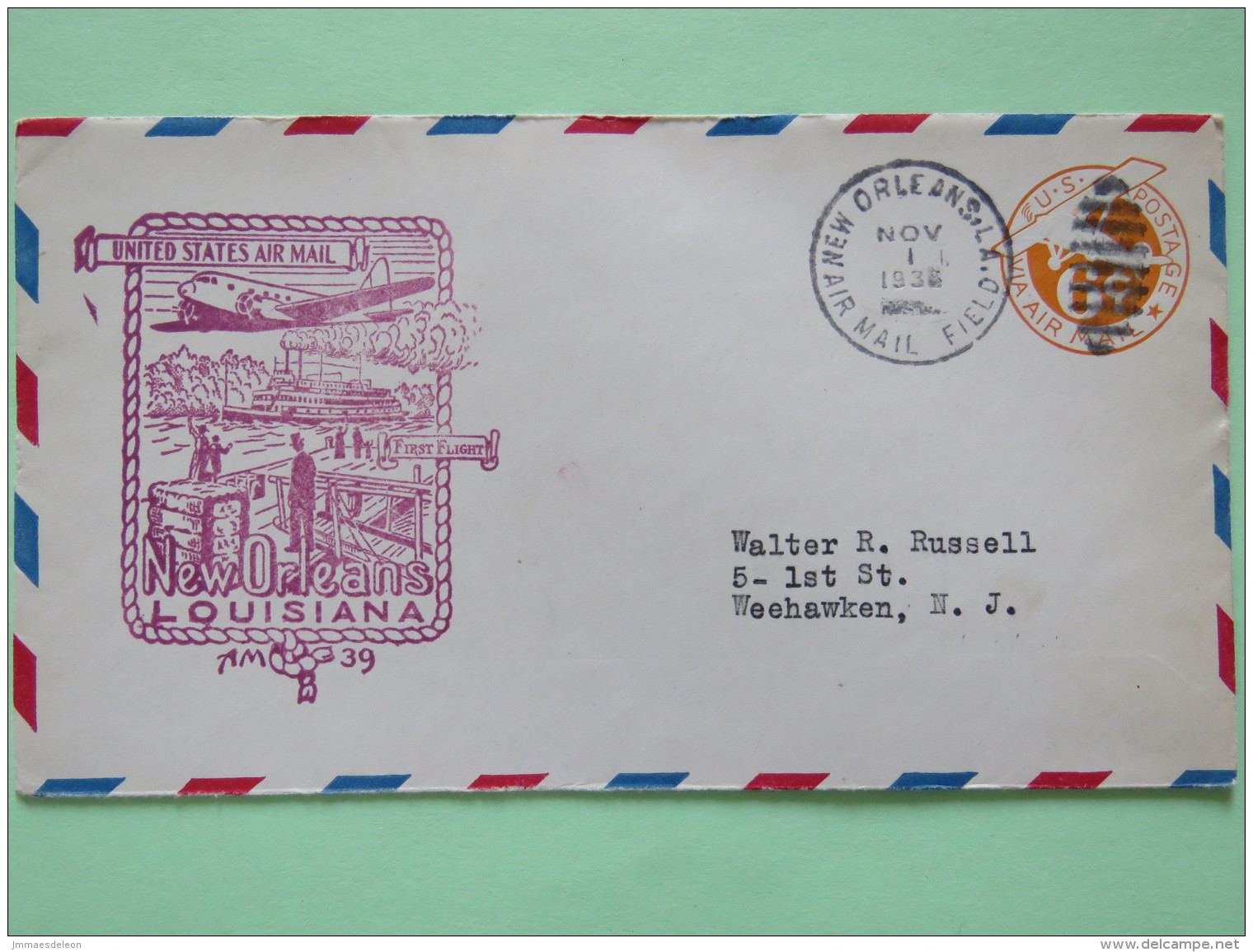 USA 1936 First Flight Stationery Cover New Orleans To Weehawken - Plane - Steam Ship - Covers & Documents