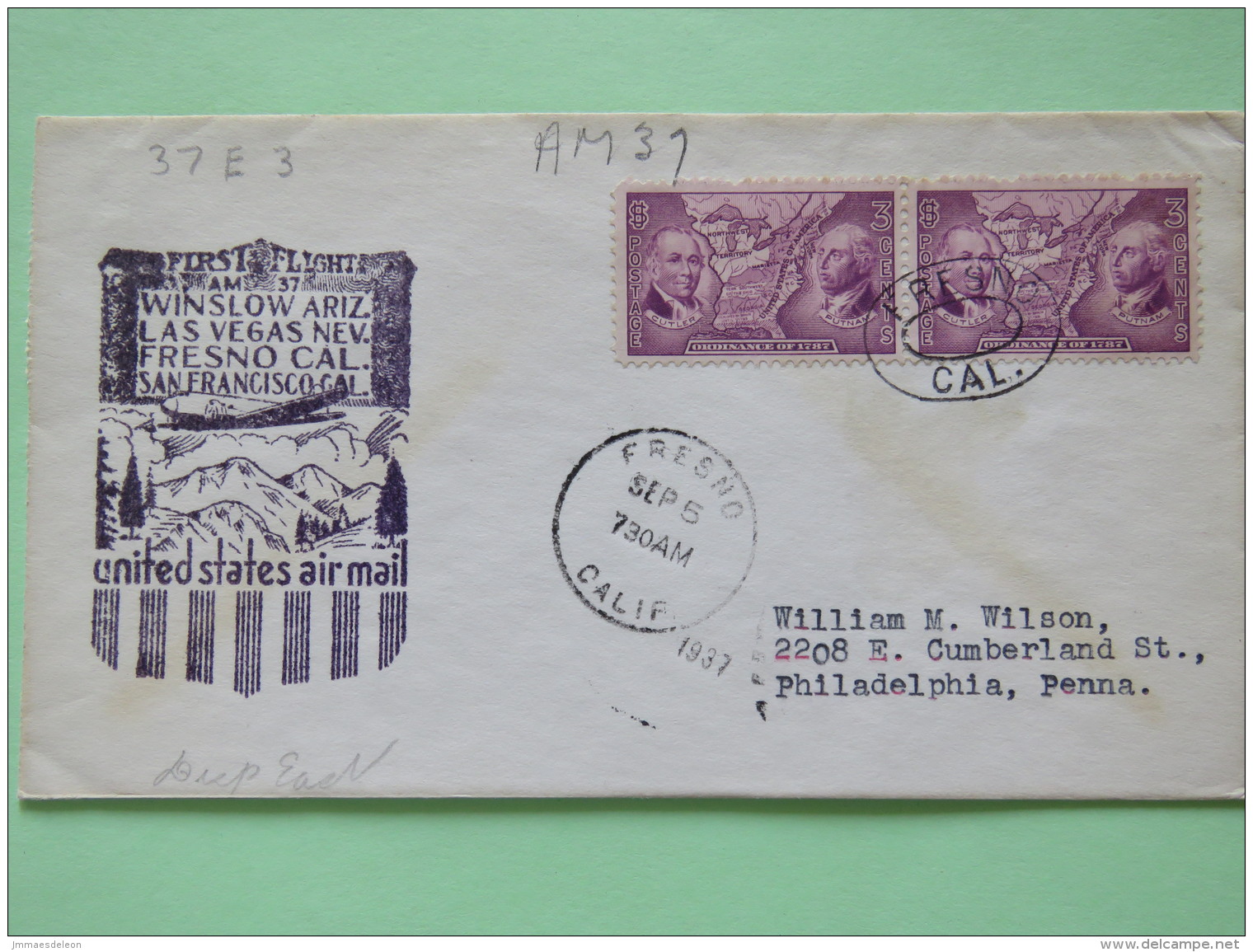 USA 1937 First Flight Cover Fresno To Philadelphia - Map Ordinance Of 1787 - Covers & Documents