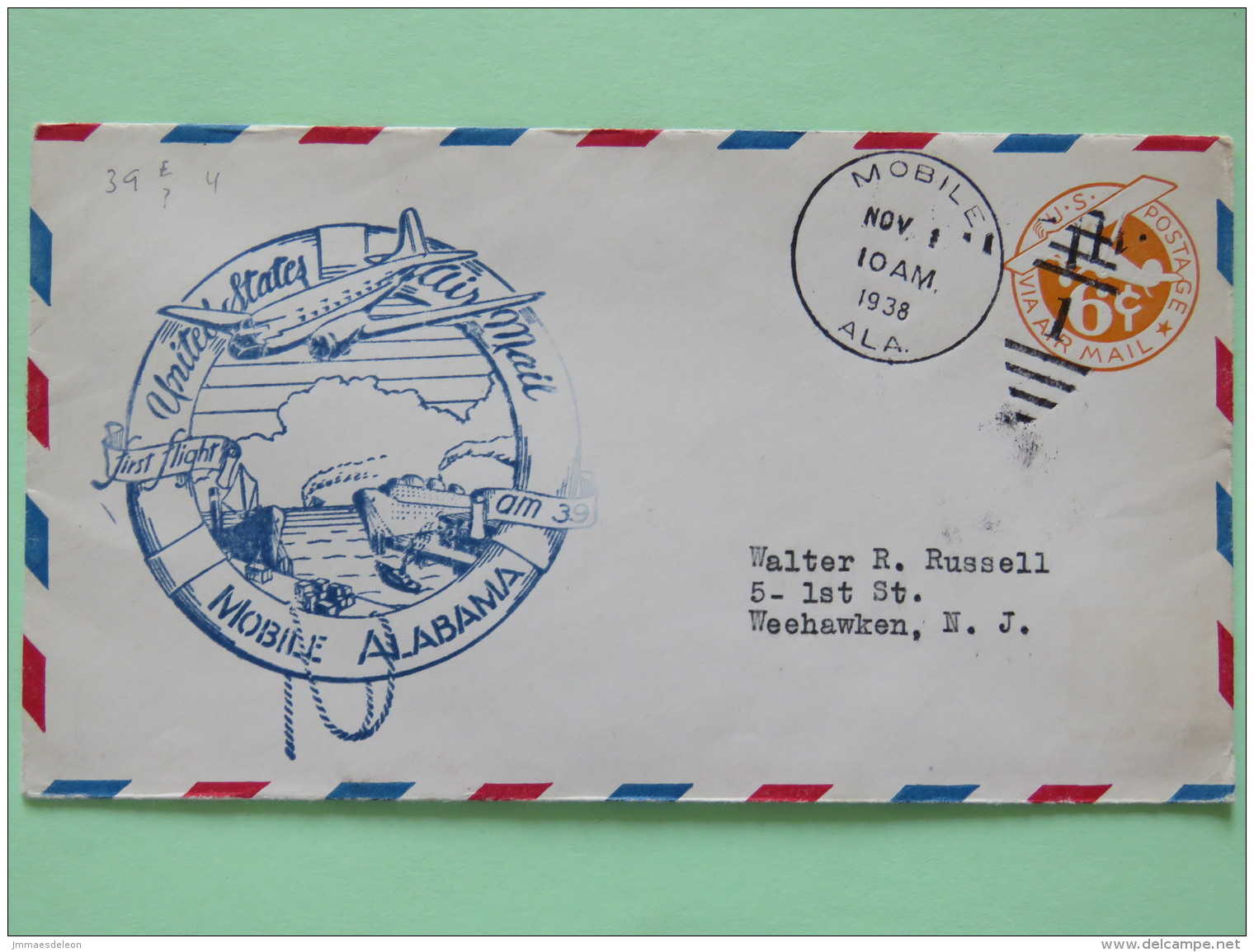 USA 1938 First Flight Stationery Cover Mobile To Weehawken - Plane - Ships - Briefe U. Dokumente