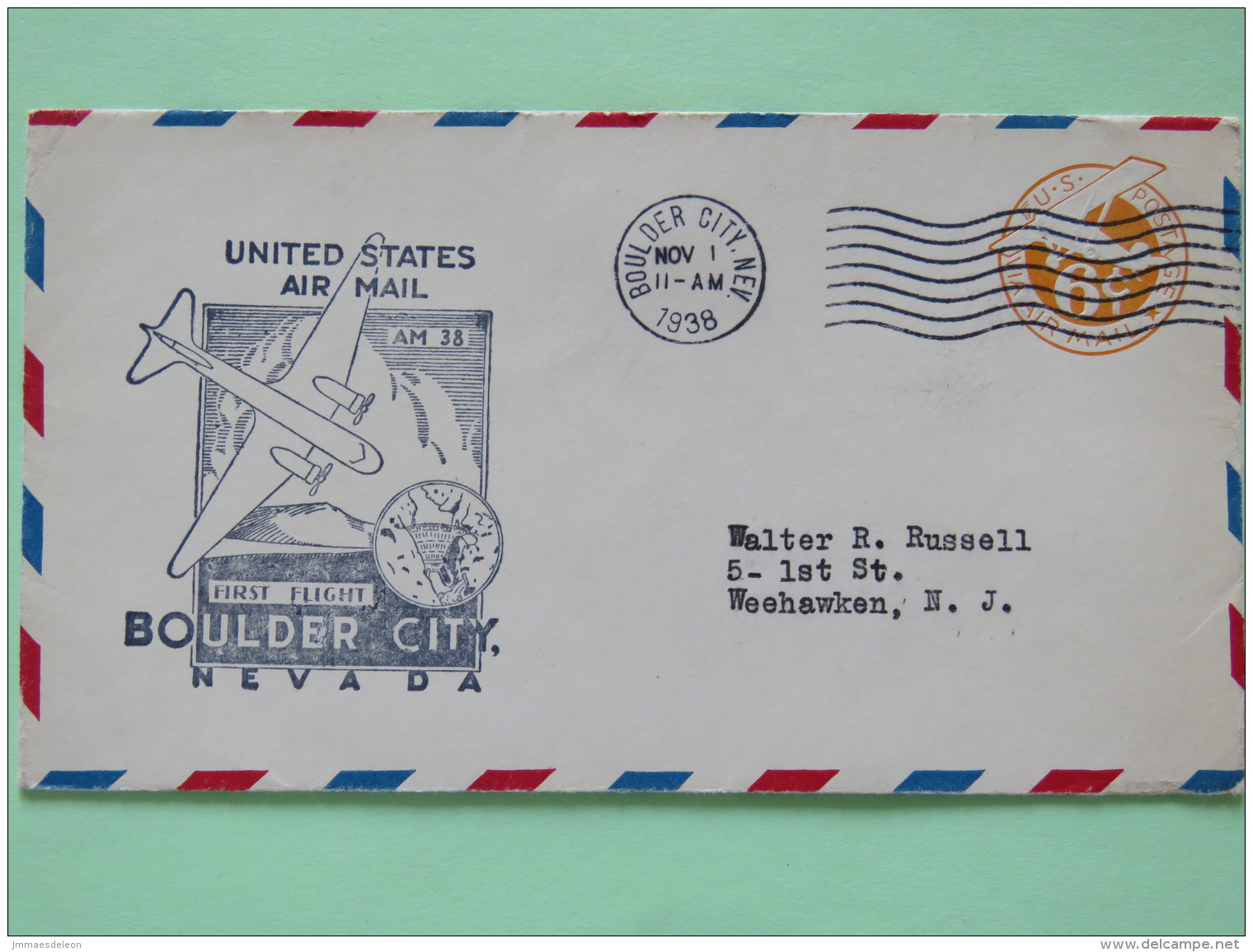 USA 1938 First Flight Stationery Cover Boulder City To Weehawken - Plane - Dam - Briefe U. Dokumente