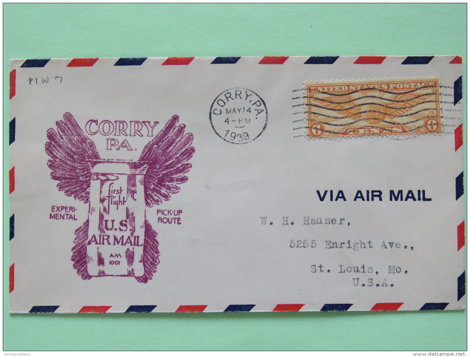 USA 1939 First Flight Cover Corry To St. Louis - Wings - Briefe U. Dokumente