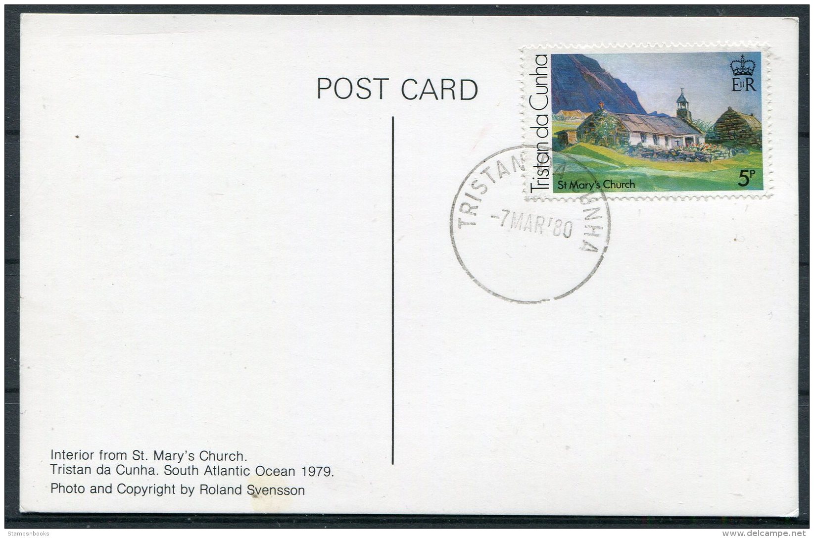 1980 Tristan Da Cunha Church Postcard + Stamp - Tristan Da Cunha