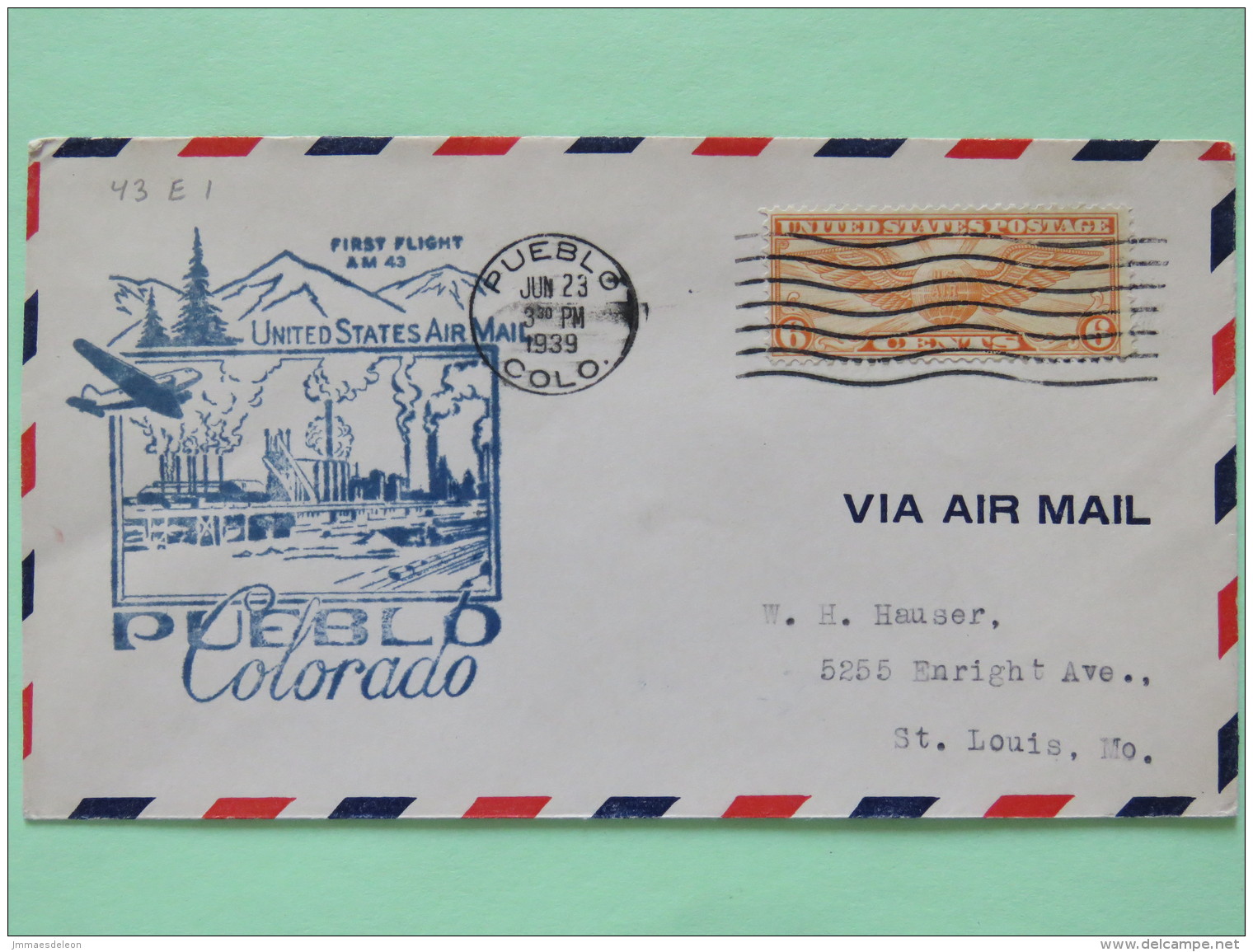 USA 1939 First Flight Cover Pueblo To St. Louis - Wings - Industry - Briefe U. Dokumente