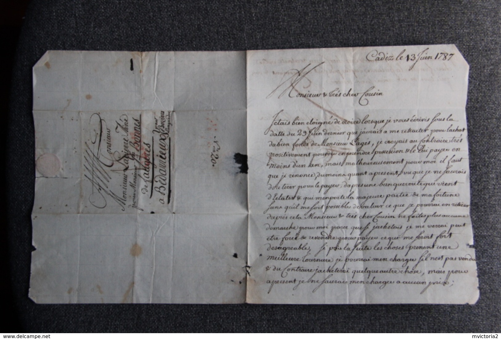 Rare Lettre Manuscrite Adressé De CADIZ En ESPAGNE à  BEDARIEUX Le 13 JUIN 1787, Superbe écriture. - Manuscripts