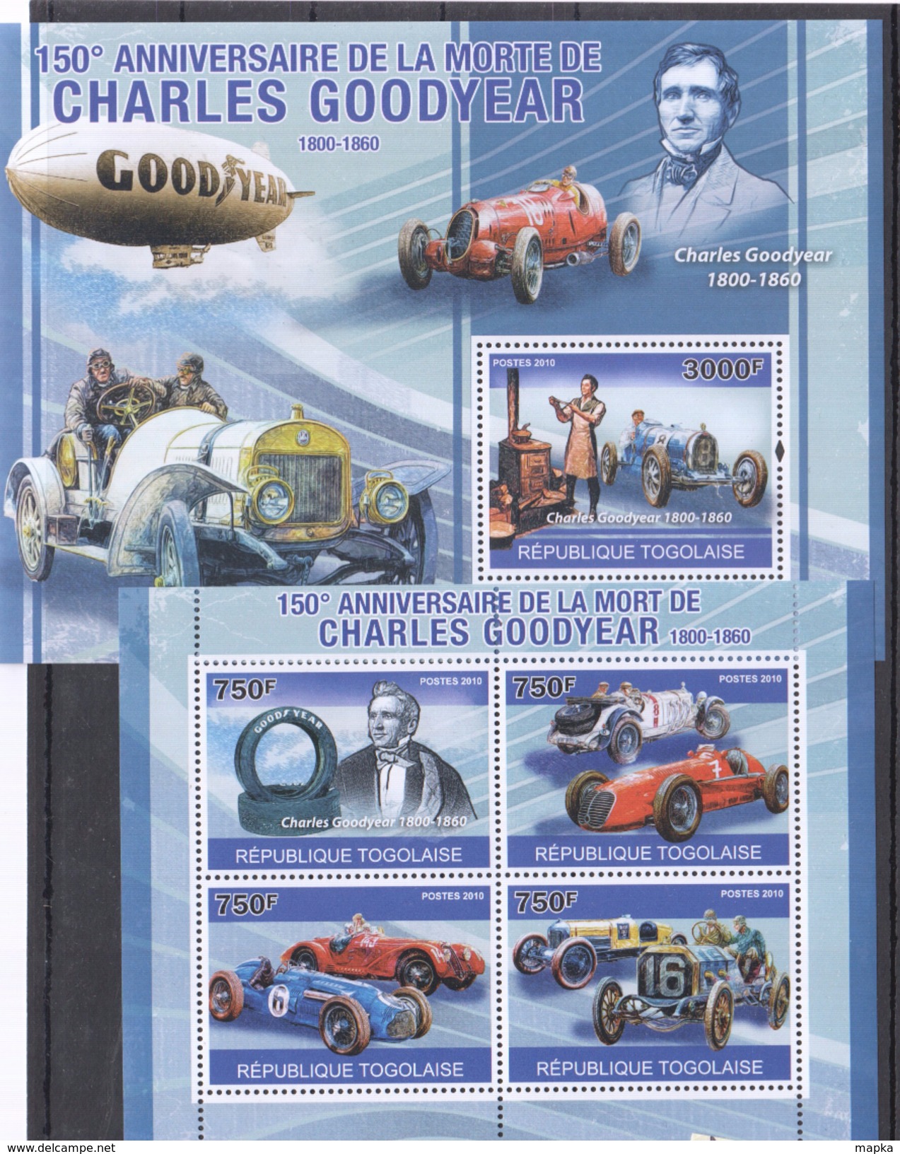 A63 2010 REPUBLIQUE TOGOLAISE CARS CHARLES GOODYEAR KB+BL MNH - Sonstige & Ohne Zuordnung