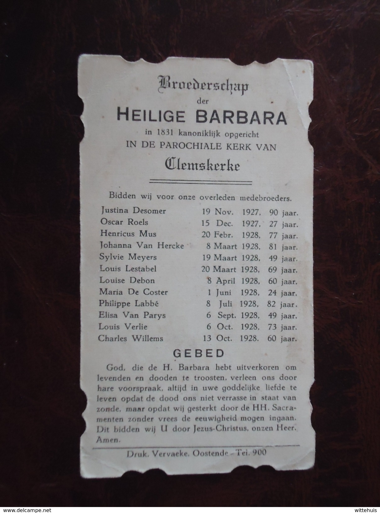 Bidprent : Heilige Barbara Parochiale Kerk Van Clemskerke Jaaroverzicht Van Overleden  1927 - 1928  (2scans) - Religion & Esotérisme