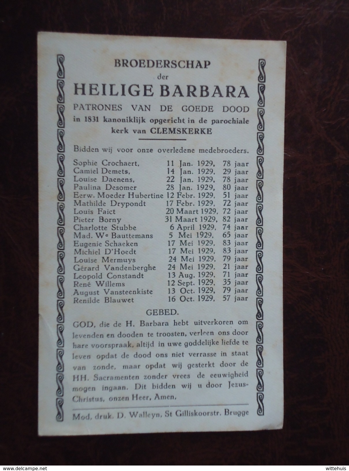 Bidprent : Heilige Barbara Parochiale Kerk Van Clemskerke Jaaroverzicht Van Overleden  1929  (2scans) - Godsdienst & Esoterisme