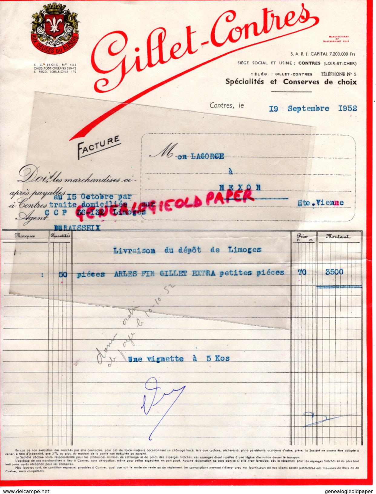 41 - CONTRES - FACTURE GILLET-CONTRES- CONSERVERIE CONSERVES DE CHOIX- 1952 - AUX DELICES BLESOIS - 1950 - ...