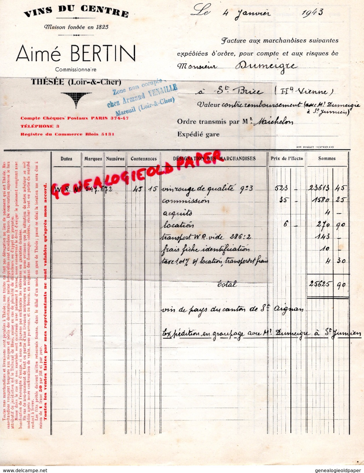 41 - THESEE -FACTURE AIME BERTIN- VINS DU CENTRE- COMMISSIONNAIRE - 1943-ZONE NON OCCUPEE CHEZ ARMAND VENAILLE A MAREUIL - 1900 – 1949