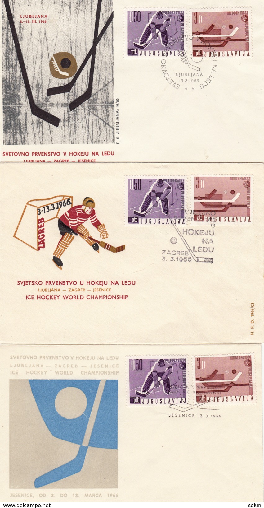 JUGOSLAVIJA YUGOSLAVIA ICE HOCKEY 1966 LJUBLJANA - ZAGRAB - JESENICE 3 X FDC - Tischtennis