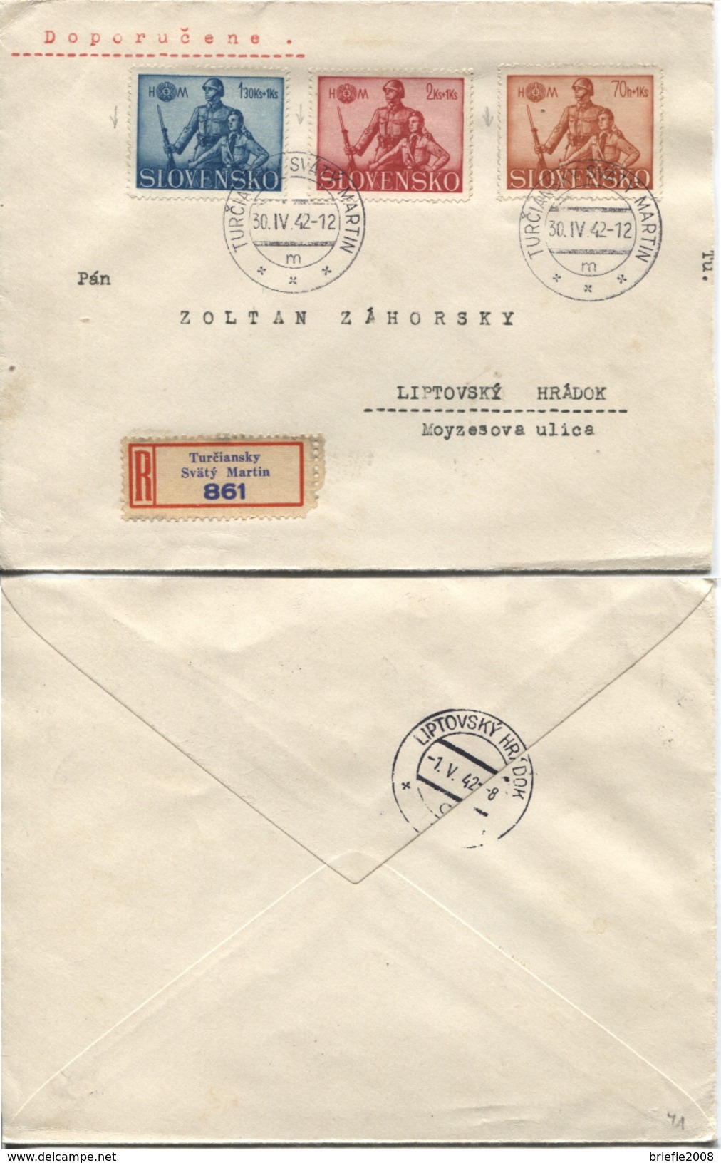 Slowakei # 94-6 Hlinka-Jugend R-Brief Turciansky Sväty Martin 30.4.42. Rückseitig Ankunftsstempel, Mit Einlieferungssche - Lettres & Documents