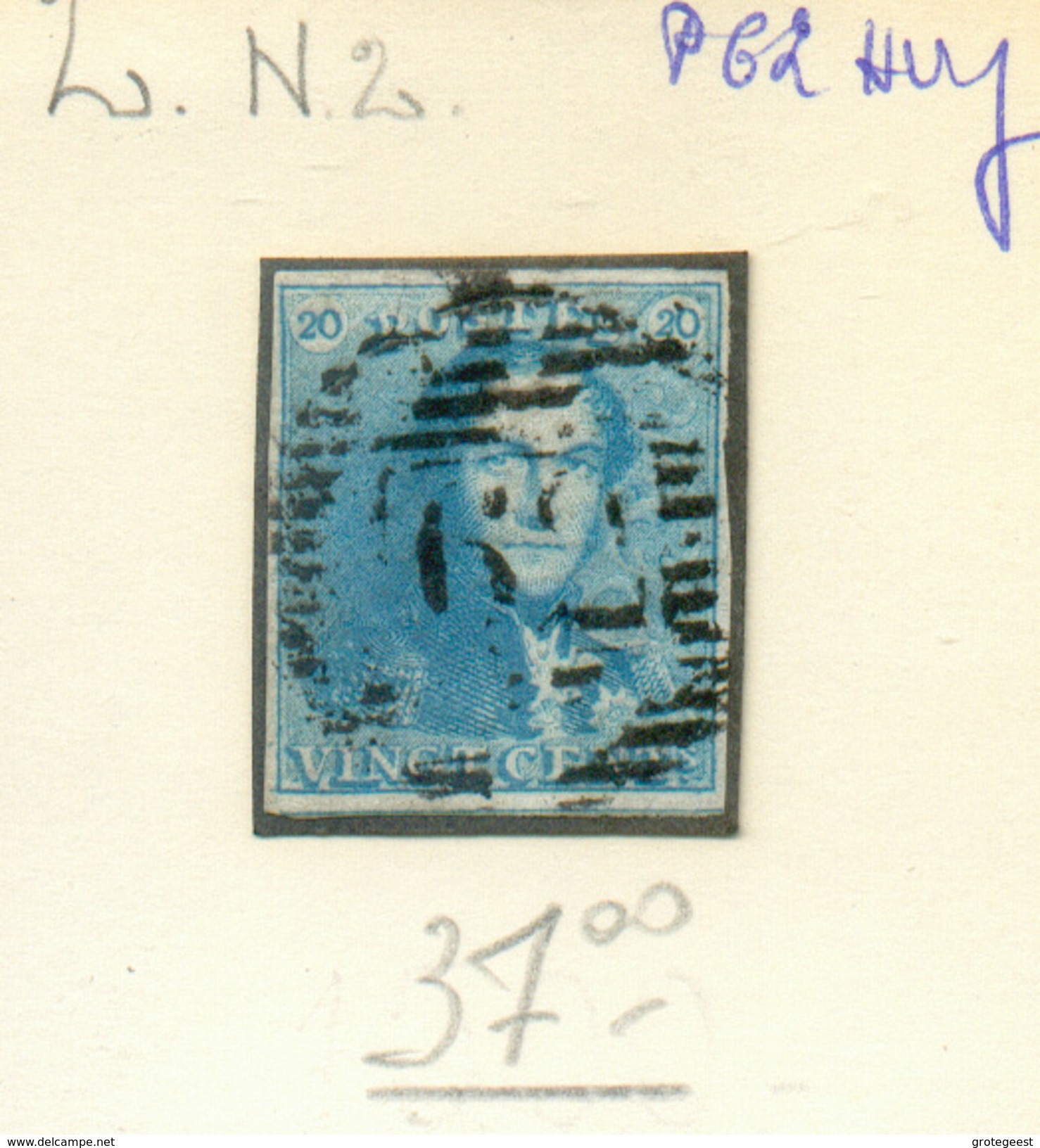 N°2 - Epaulette 20 Centimes Bleue, TB Margée, Obl  P.62 HUY Centrale Et Droite.  Superbe - 11715 - 1849 Epaulettes