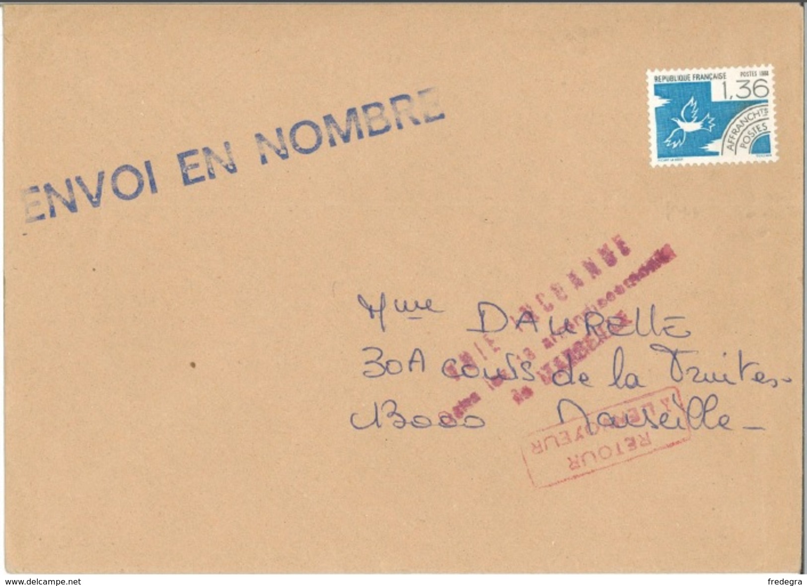 Préo 198 Sur Lettre Avec Mention Rouge "retour à L'envoyeur" + Cachet à Date Verso 02/06/1988 + Griffe Spéciale RARE - 1964-1988