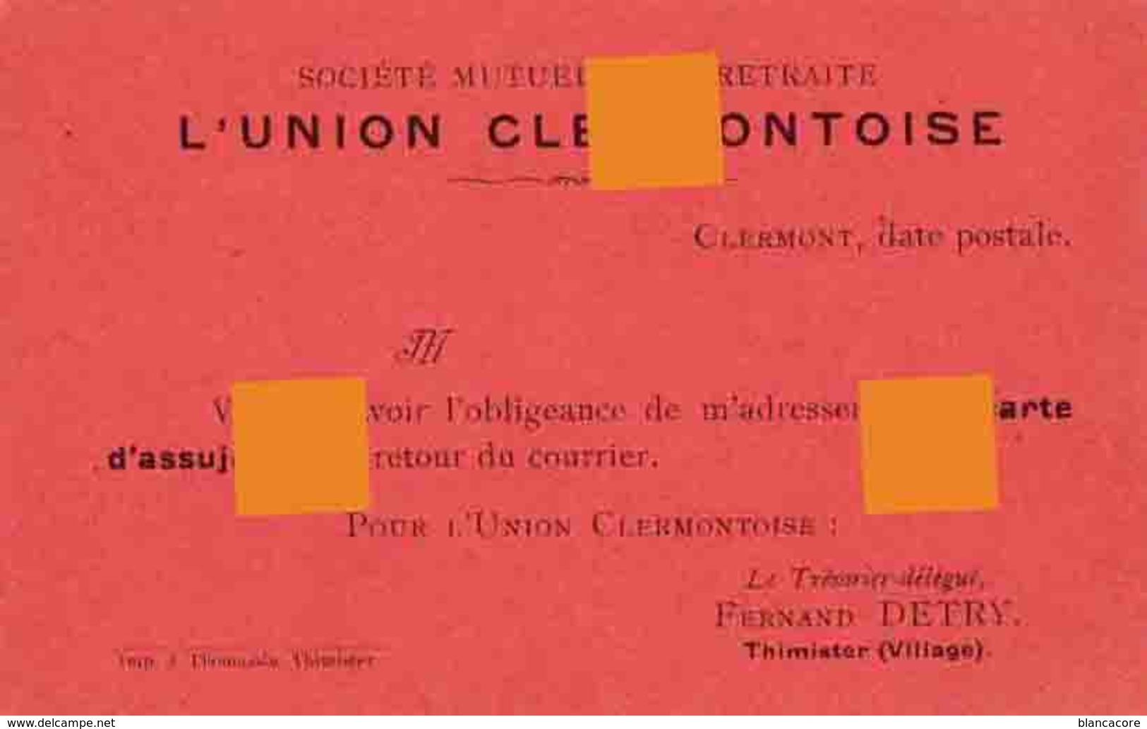 Clermont Vers 1920 Union Clermontoise Société Mutuelle De Retraite / Trésorier :  Fernand Detry à Thimister - Thimister-Clermont