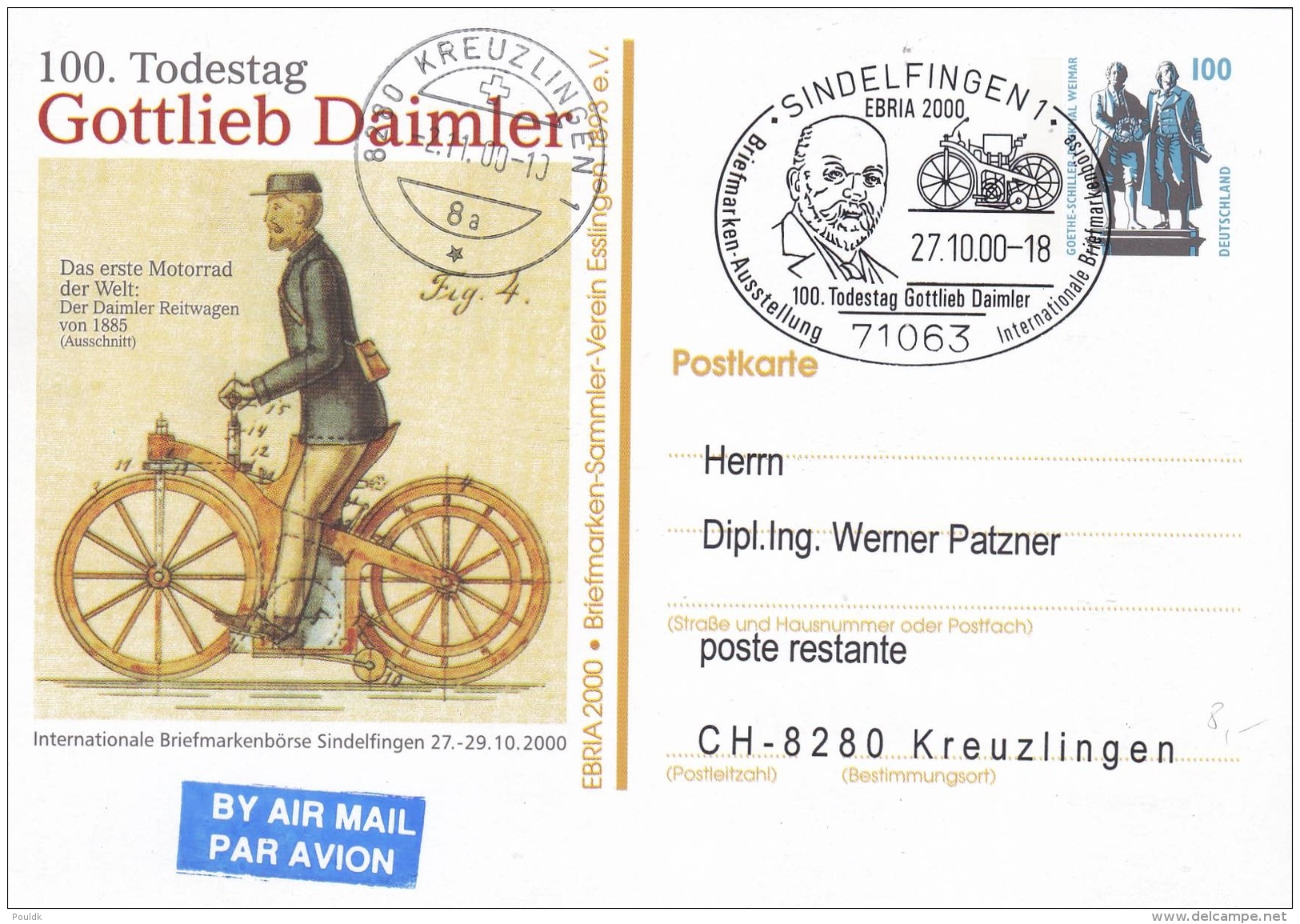 Germany Postal Stationary Gottlieb Daimler P/m Sindelfingen 2000 100. Todestag Gottlieb Daimler (T8A21) - Autos